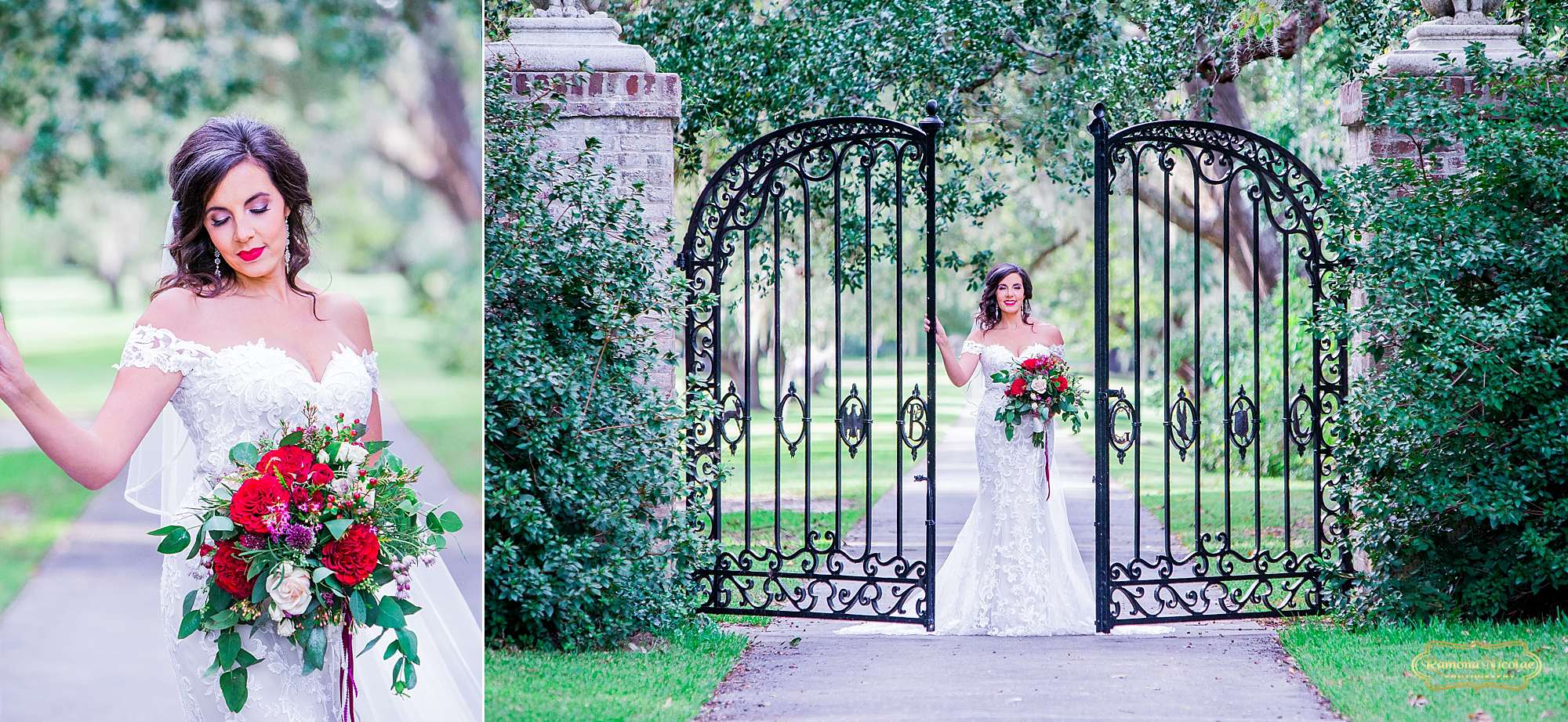 bride with red flowers by the black B & G gates at Brookgreen Gardens looking gorgeous during bridal session with ramona nicolae photography-8.jpg