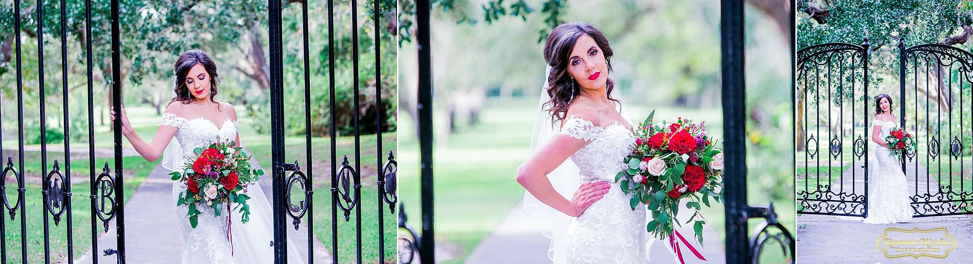 bride with red flowers by the black B & G gates at Brookgreen Gardens looking gorgeous during bridal session with ramona nicolae photography-9.jpg