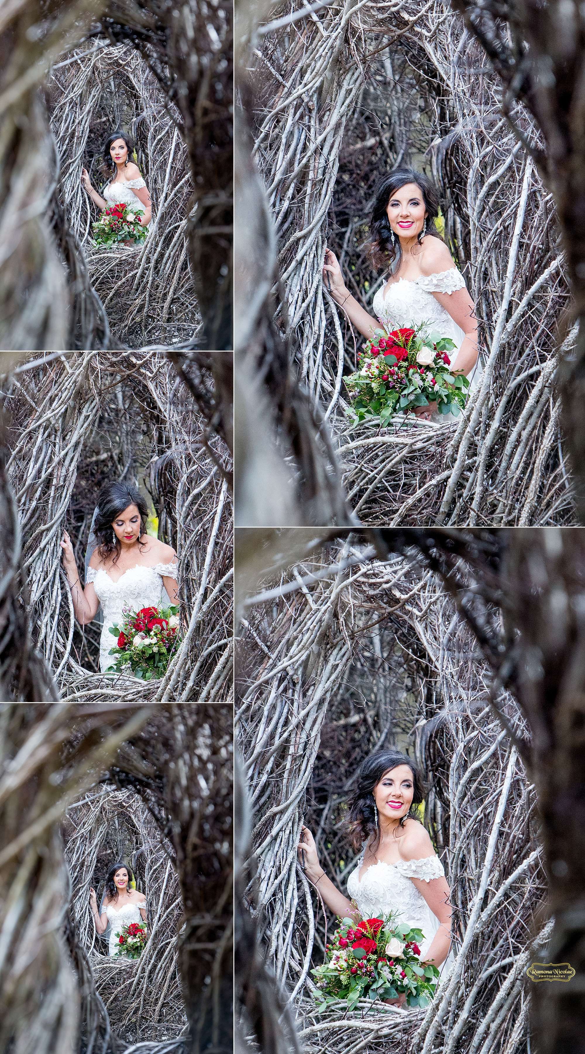 bride with red flowers in tunnel of brown roots at brookgreen gardens-3.jpg