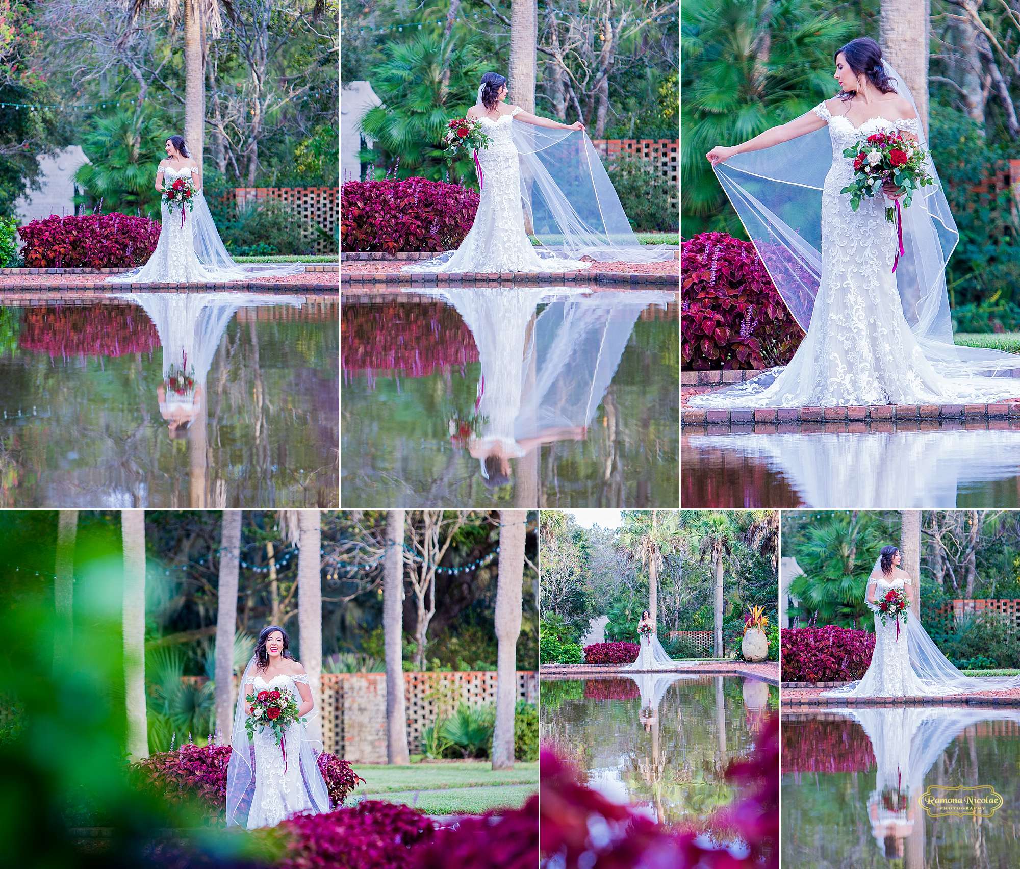 gorgeous water reflection of bride and red flowers during her myrtle beach bridal shoot at brookgreen gardens with ramona nicolae photography-3.jpg