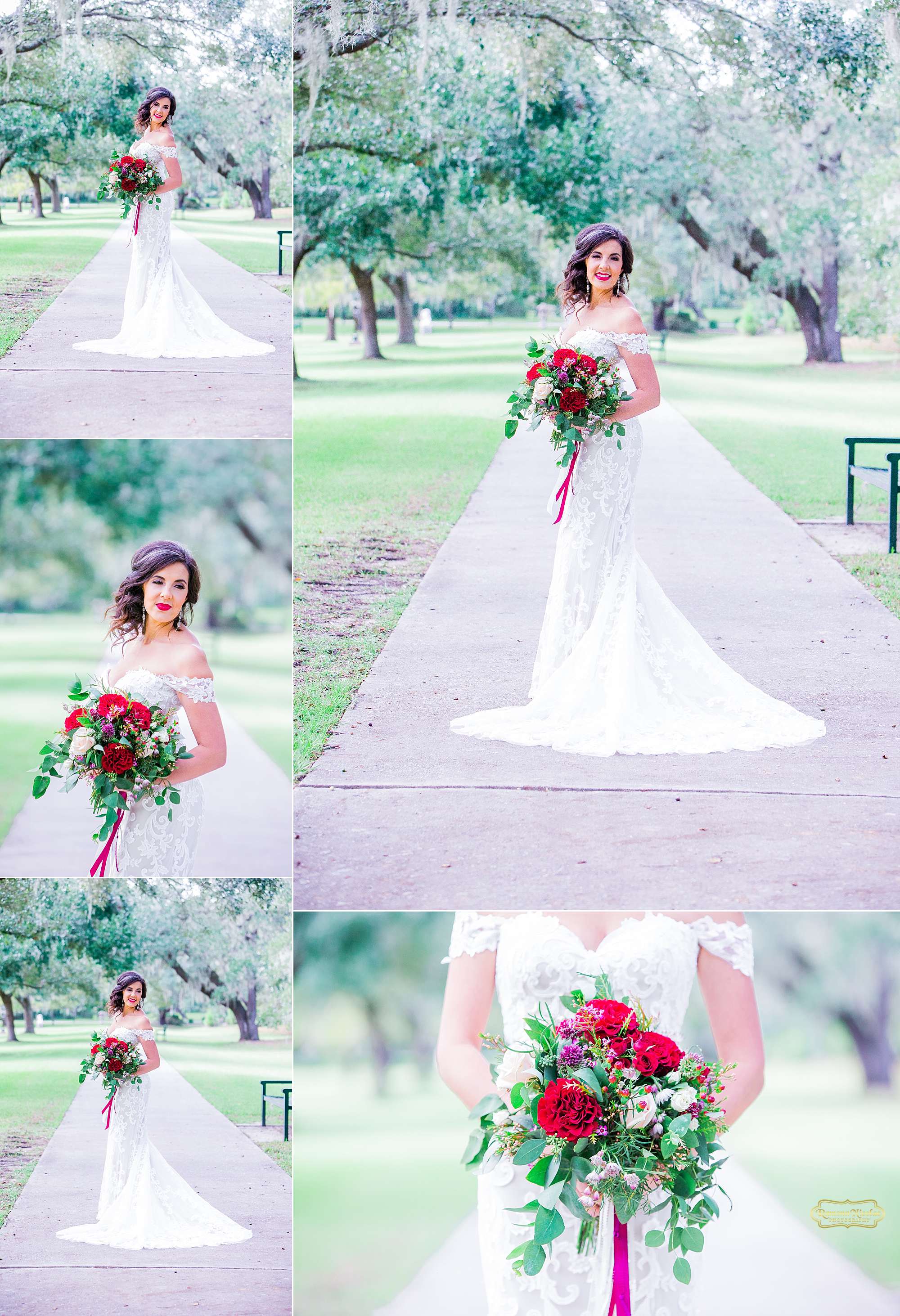 happy bride with red wedding bouquet at brookgreen gardens for bridal session with ramona nicolae photography-8.jpg