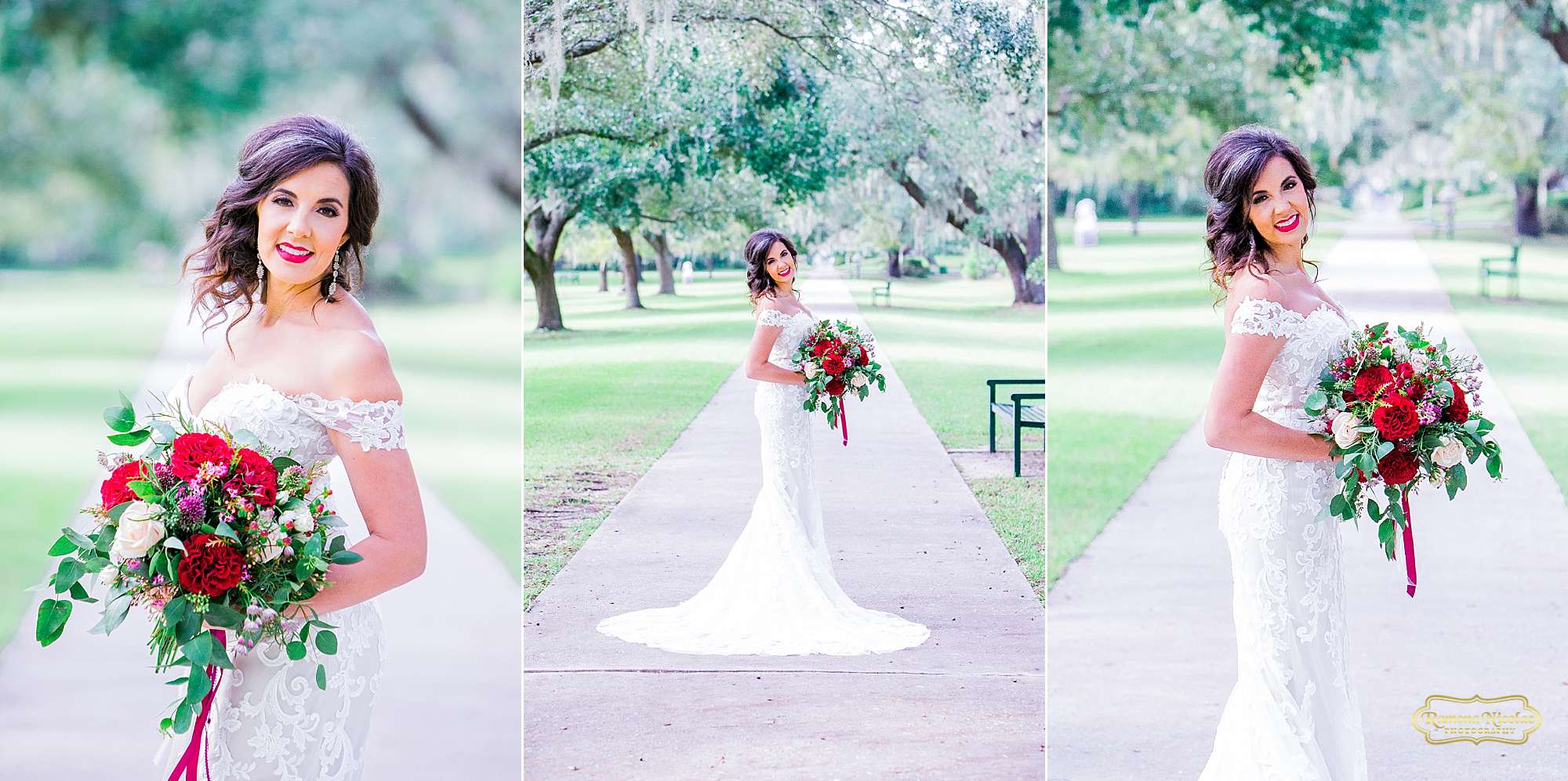 happy bride with red wedding bouquet at brookgreen gardens for bridal session with ramona nicolae photography-9.jpg