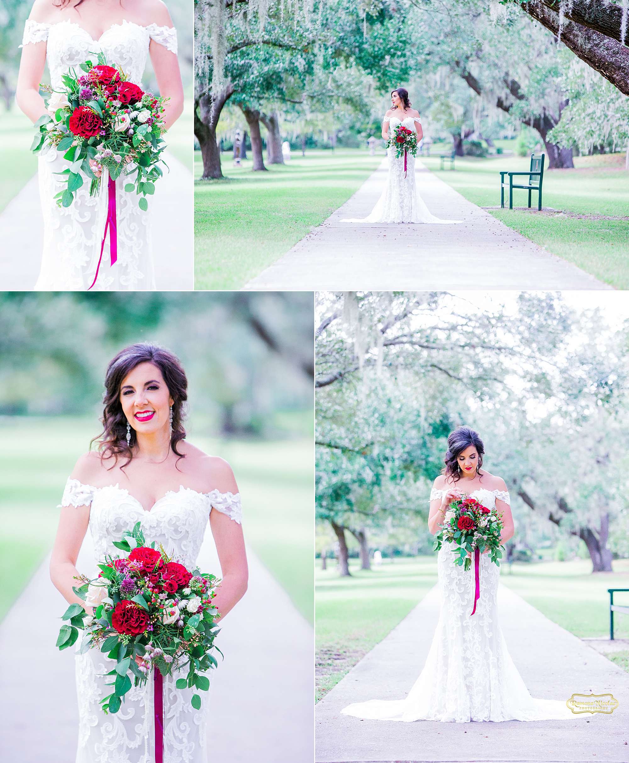 happy bride with red wedding bouquet at brookgreen gardens for bridal session with ramona nicolae photography-13.jpg