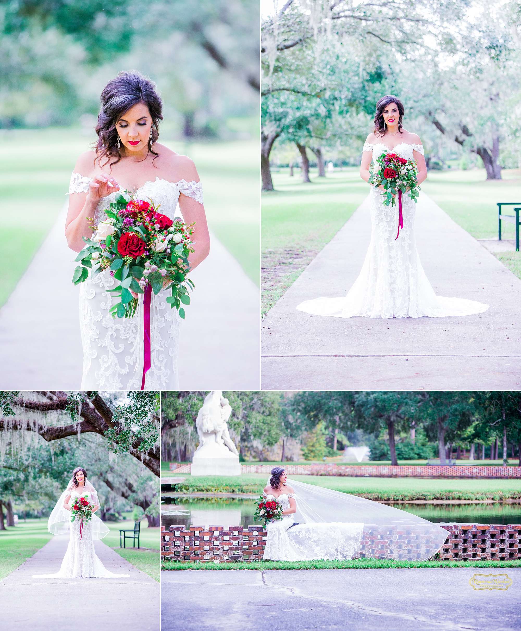 happy bride with red wedding bouquet at brookgreen gardens for bridal session with ramona nicolae photography-17.jpg