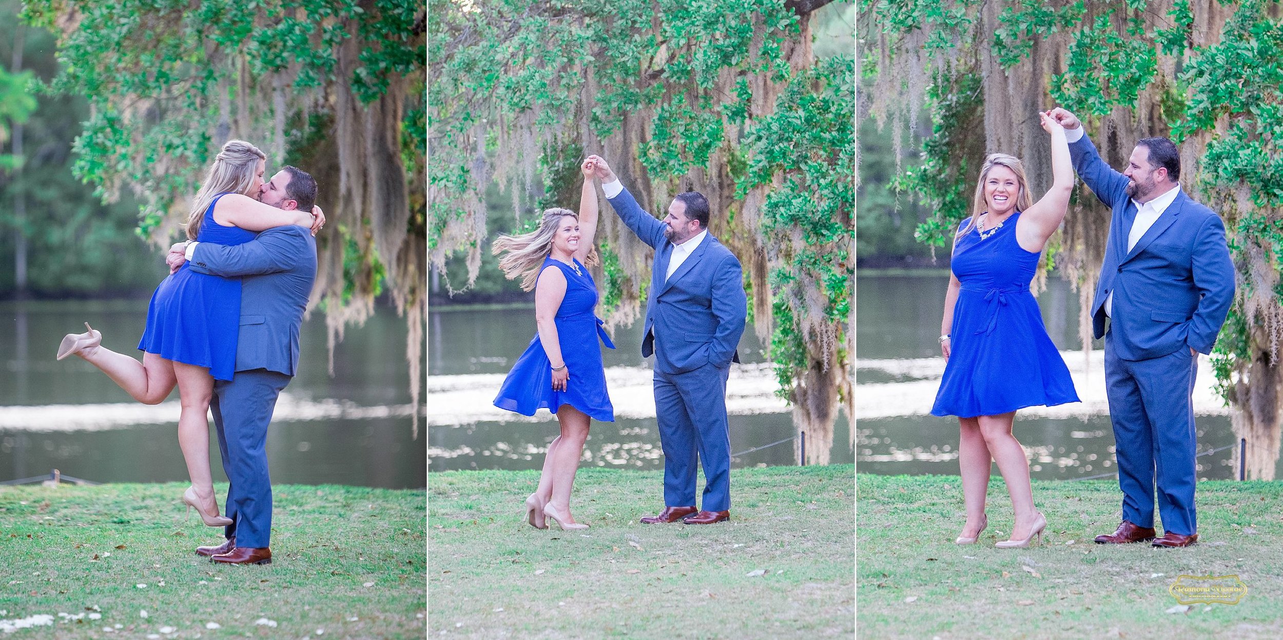 couple hugging and kissing dressed in blue at wachesaw plantation twirling around for engagement pictures with myrtle beach photographer ramona nicolae.jpg