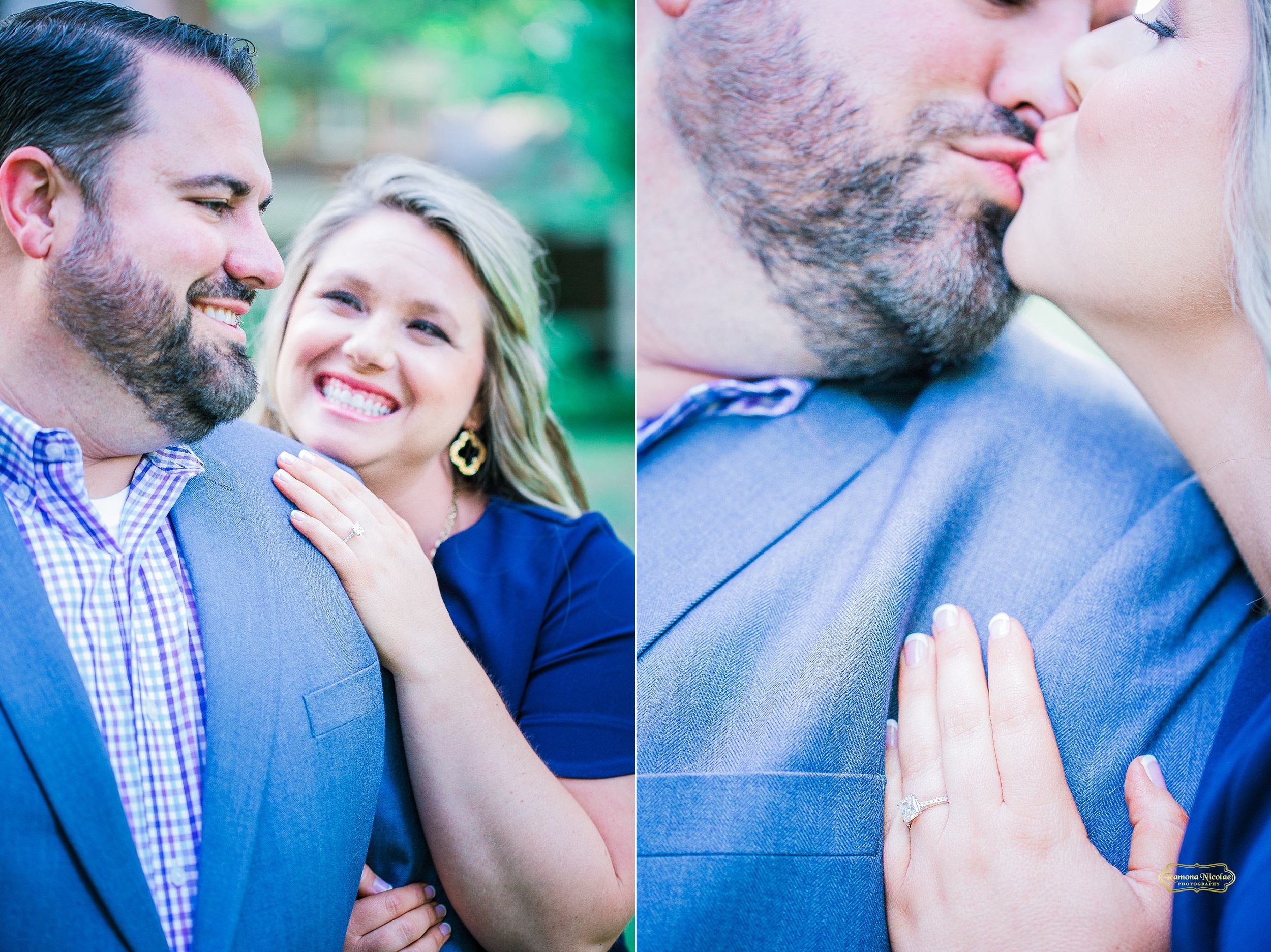 couple kissing and engagement ring details during bridal session at wachesaw plantation with ramona nicolae photography.jpg