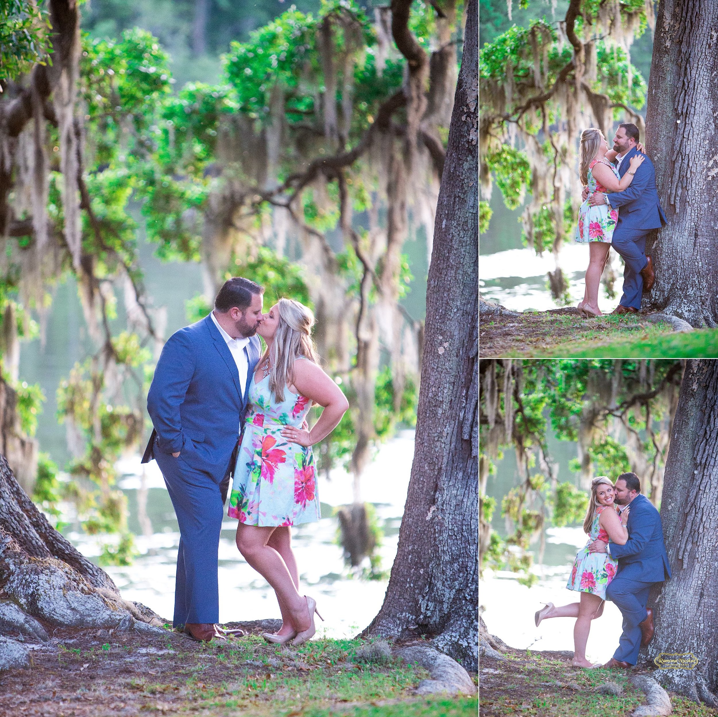 couple kissing under the trees with spanish moss at wachesaw plantation during engagement session with ramona nicolae.jpg