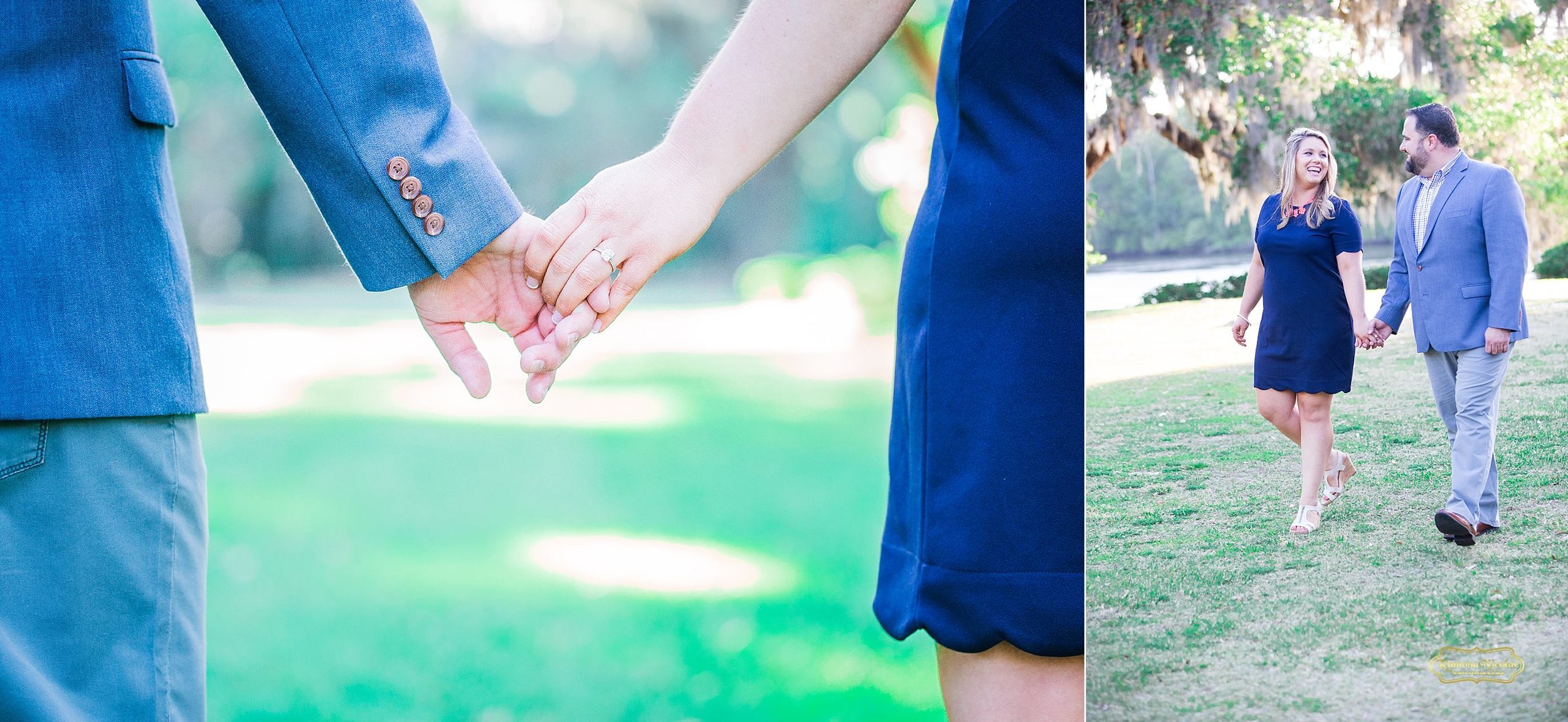 holding hands walking and laughing for ramona nicolae photography engagement session at wachesaw plantation.jpg
