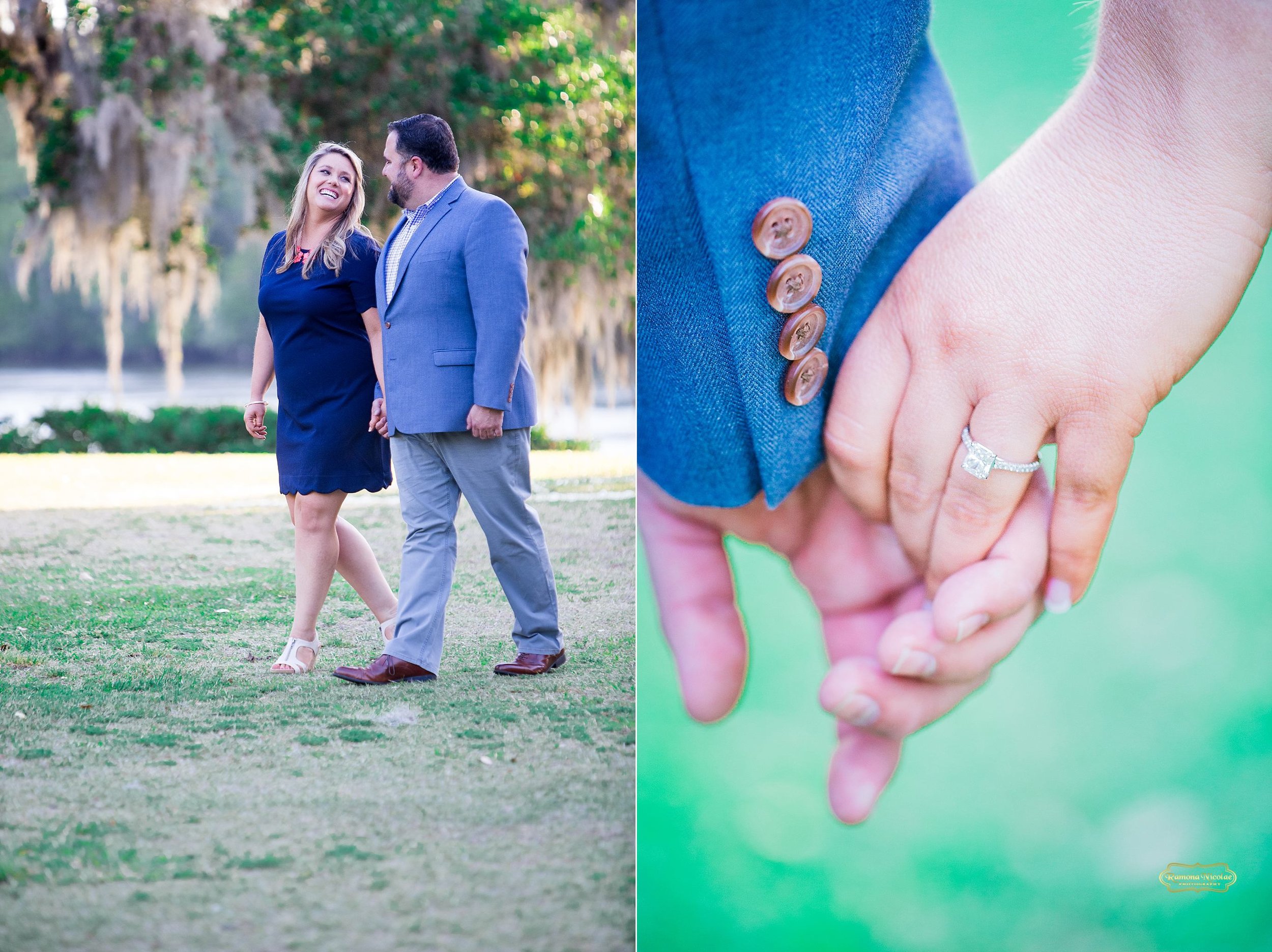 holding hands walking dressed in blue at wachesaw plantation for engagement photography in murrells inlet.jpg