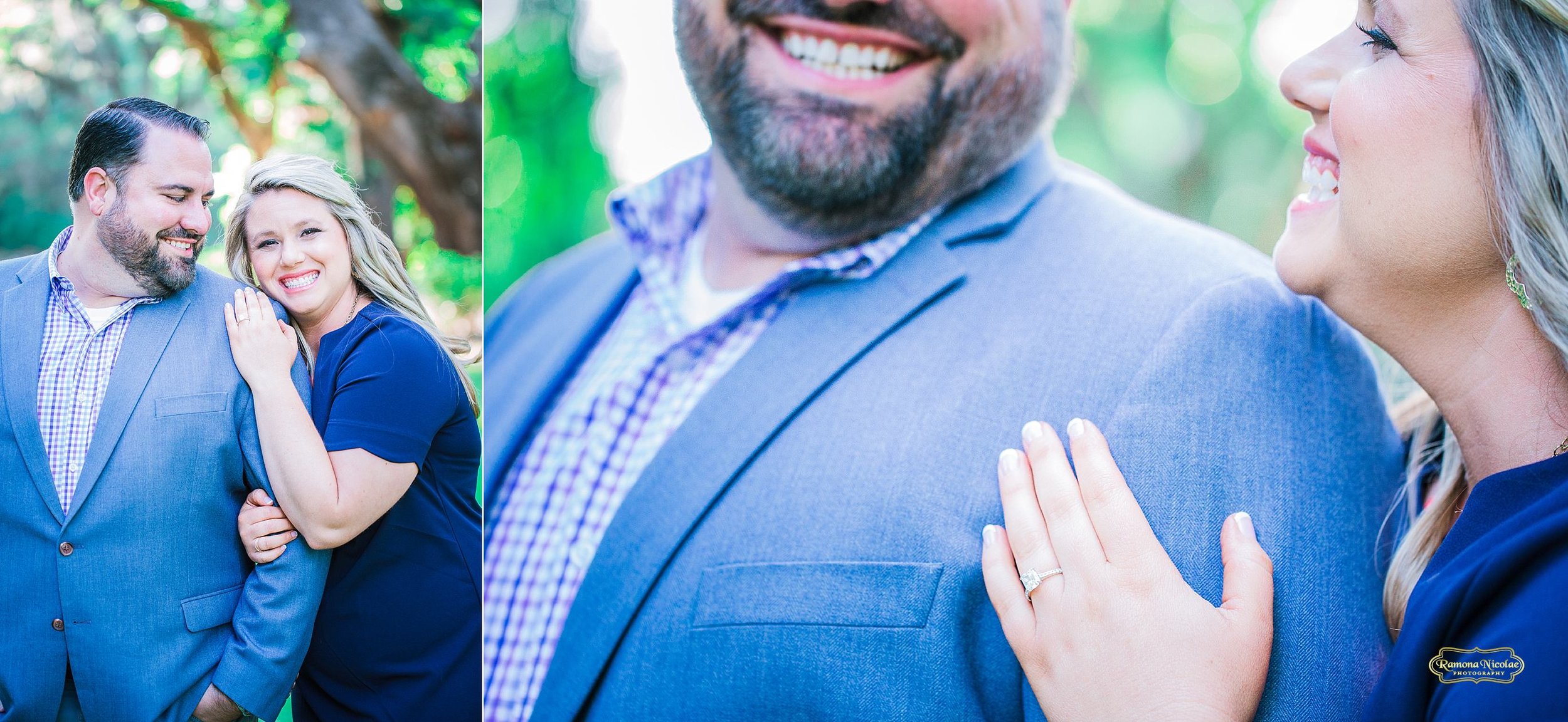 ring details during engagement session at wachesaw plantation while couple is smiling.jpg