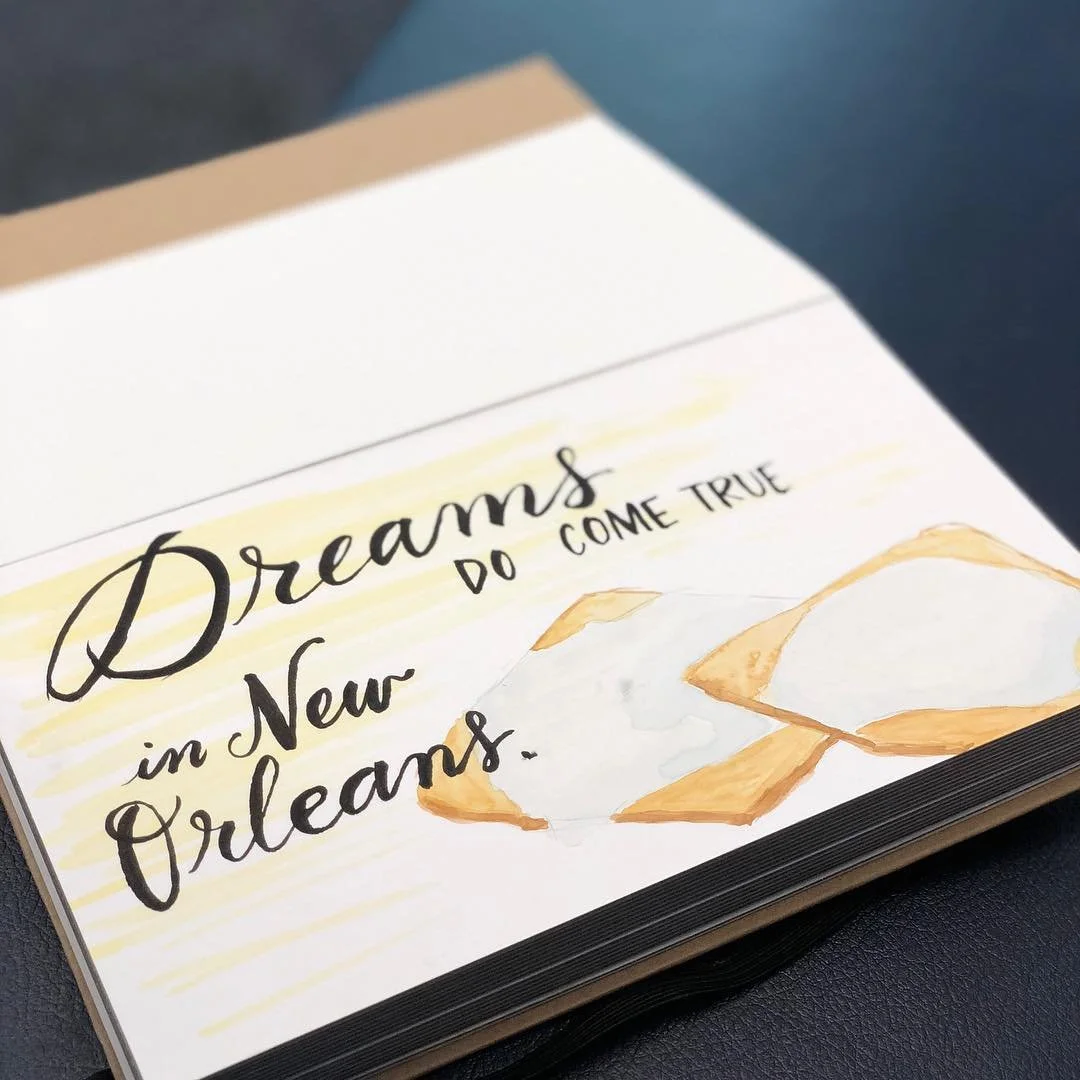 It&rsquo;s taking longer than planned (🙄❄️) but I&rsquo;m on my way to #NewOrleans for a dear friend&rsquo;s wedding and to stuff myself full of beignets! It&rsquo;s my first time and I cannot wait- anyone have any tips? #handlettering #watercolor #
