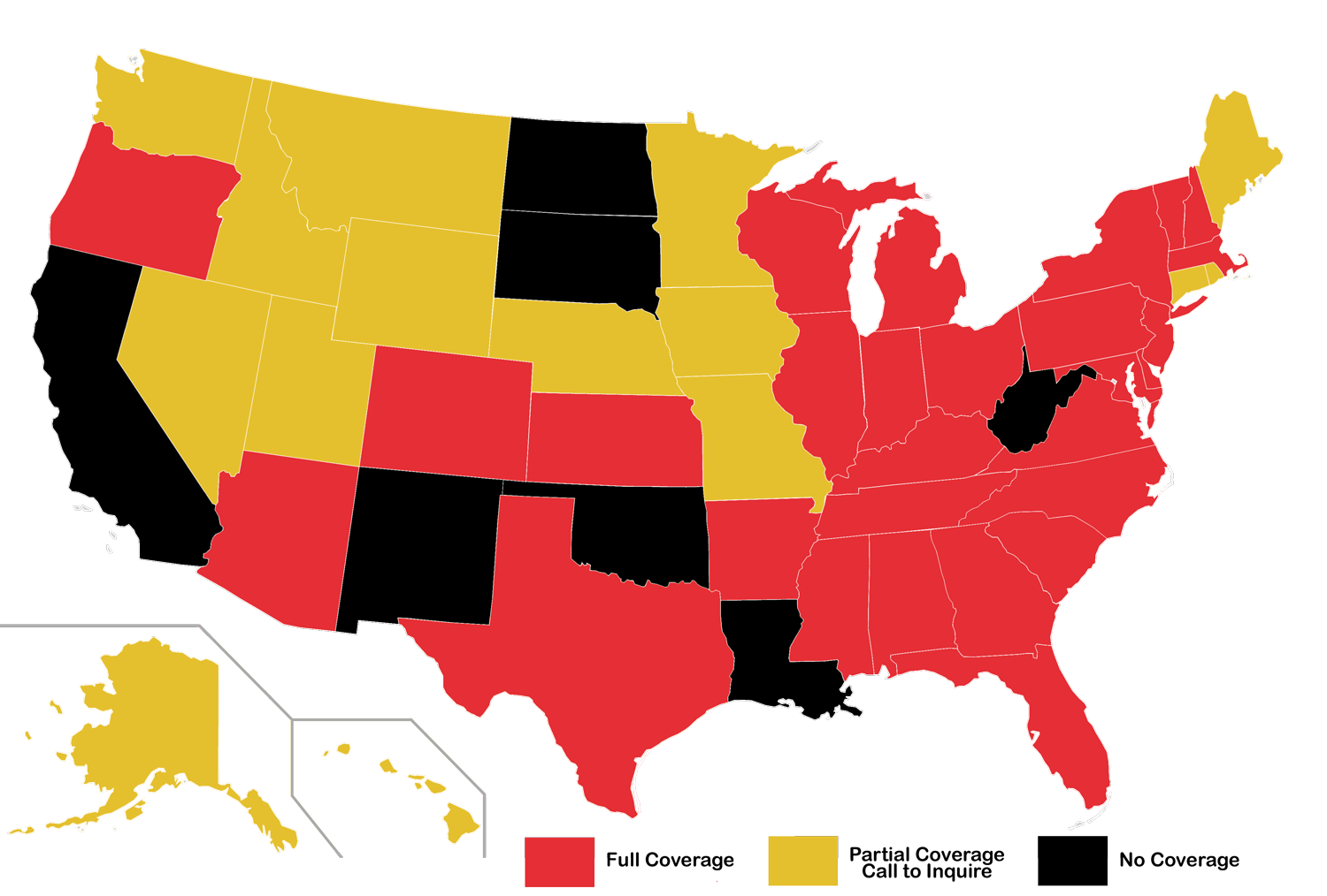 *NOTE: If you have trouble finding quality commercial exam work in a particular area/state not on this list, please let us know. As we continue to build out into new states and territories, our networks and contacts have afforded us the ability to help clients in states not currently under our coverage umbrella. Thank you.