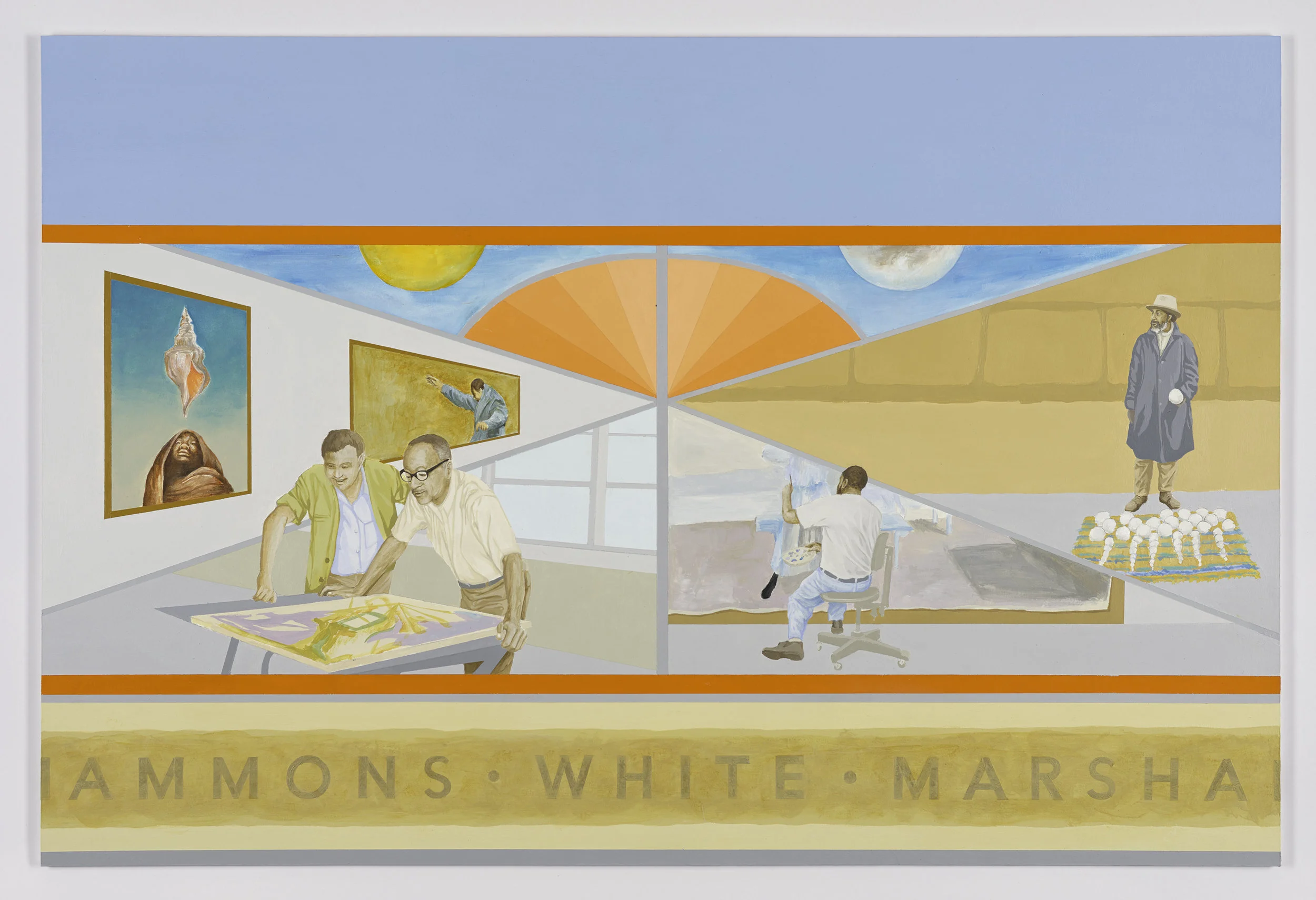 An indoor art exhibition scene with people viewing paintings and sculptures, and a mural of the moon, planets, and a sunset in the background.