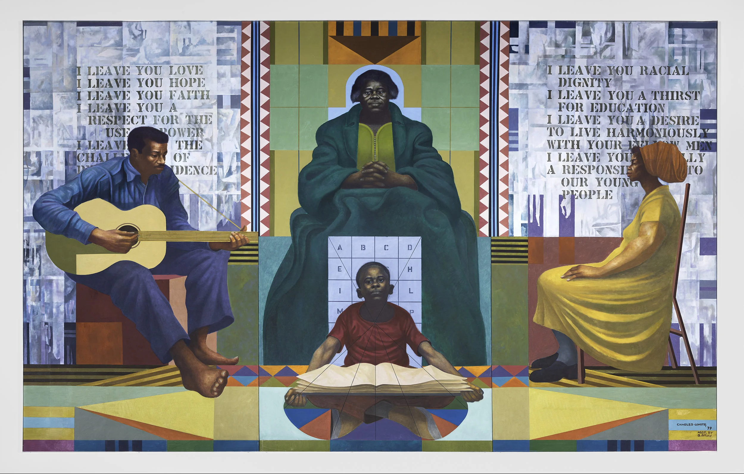 A vibrant, colorful mural depicting an African American woman seated on a chair with her hands clasped, surrounded by various symbolic elements and text about respect, education, and community. The mural includes a man with a guitar on the left and a