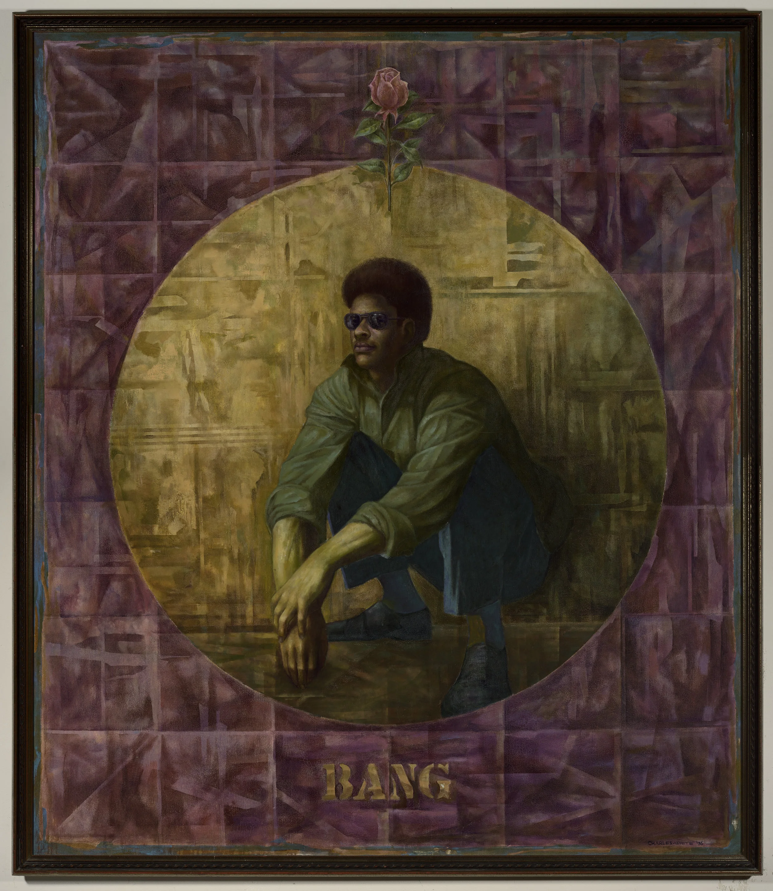 Painting of a young man with sunglasses, sitting cross-legged with a pink rose growing above his head, set against a purple background with the partial words 'RANG BANG' at the bottom.