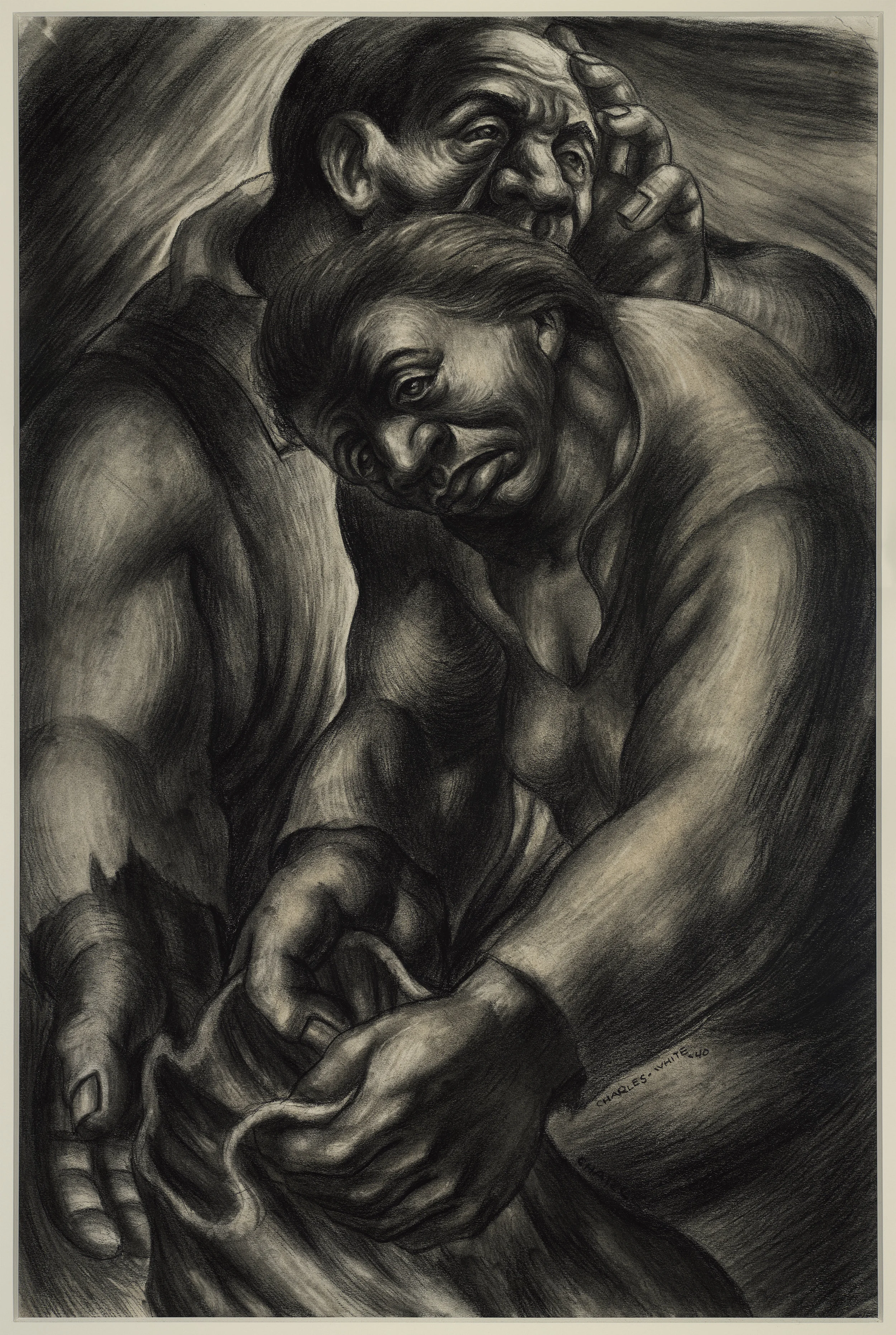 A detailed black and white drawing of two people, one older man and one younger woman, holding hands and touching their heads together in an intimate gesture.