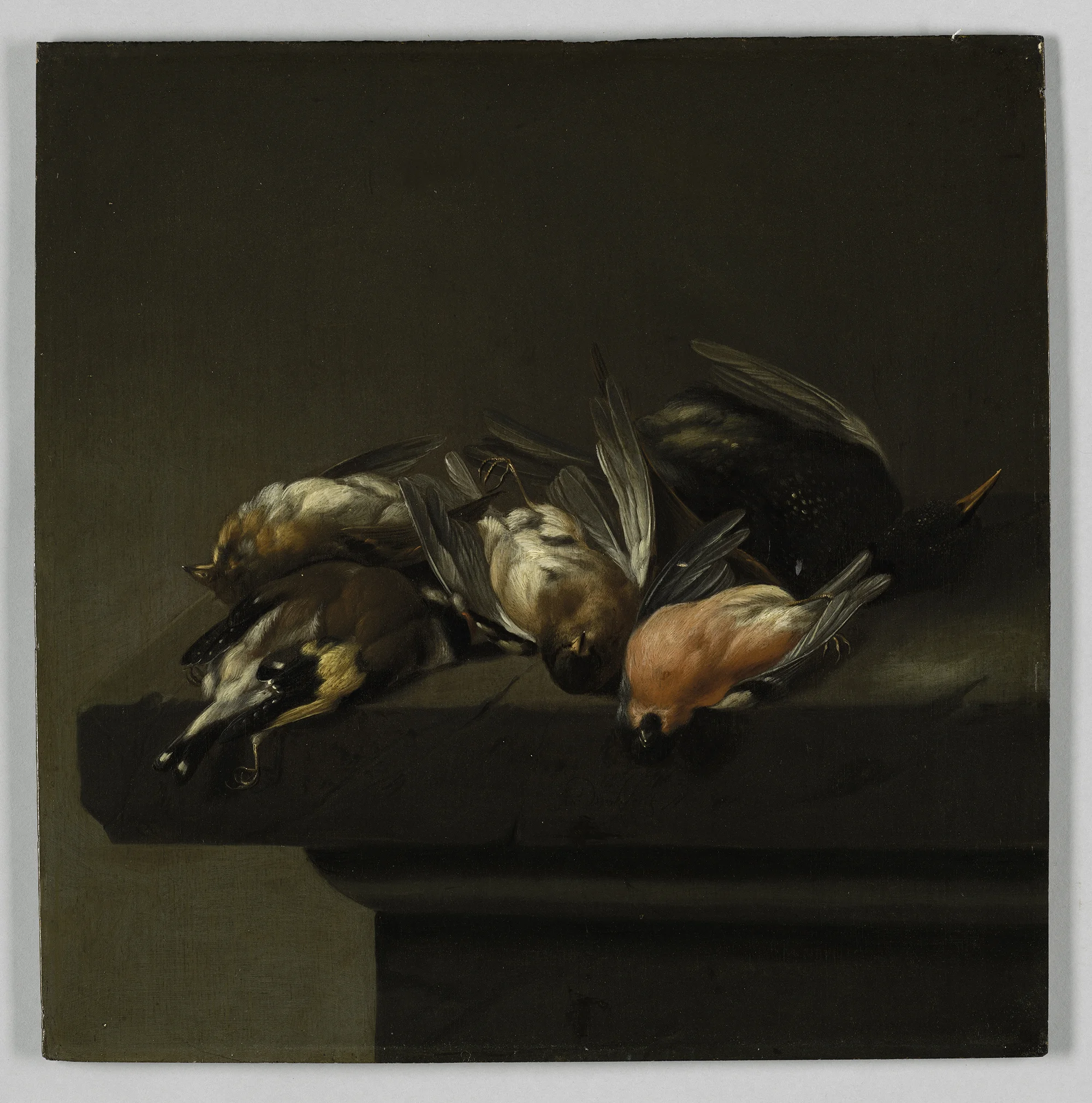 Close-up of a painting featuring a bee and a hummingbird against a dark background.