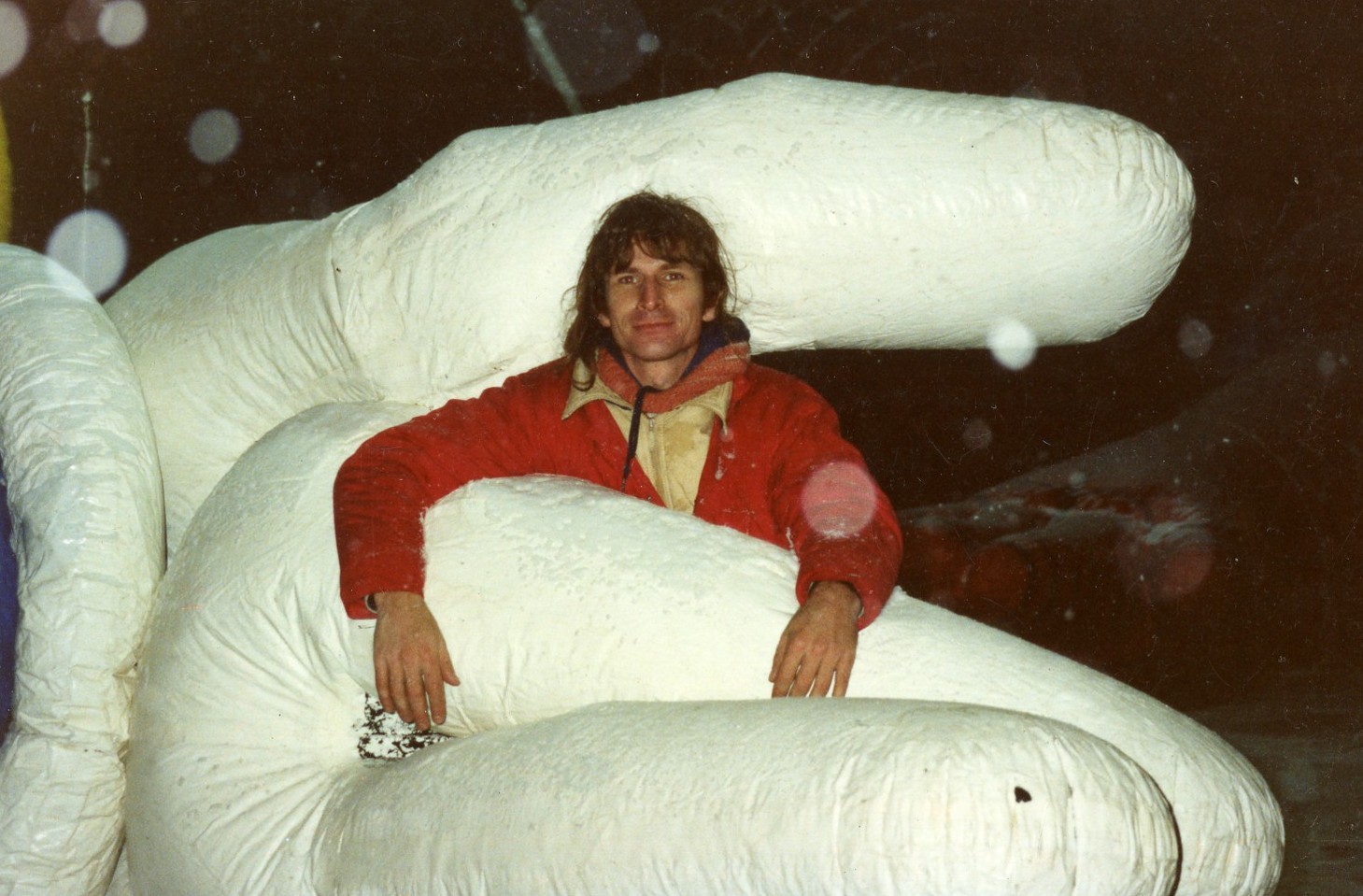 Matt enveloped in the hand of Woody Woodpecker, in Macy’s Thanksgiving Day Parade, New York City