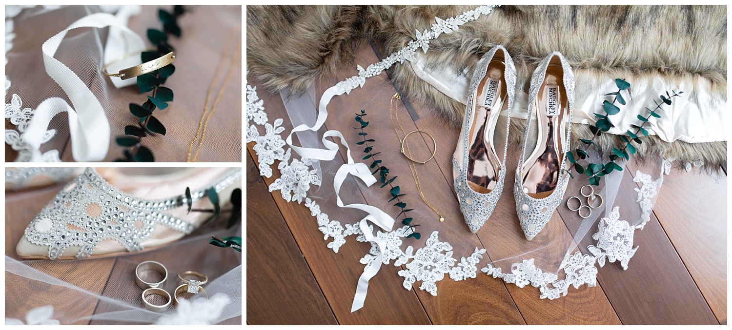 Badgley Mischka wedding shoes displayed with other wedding details