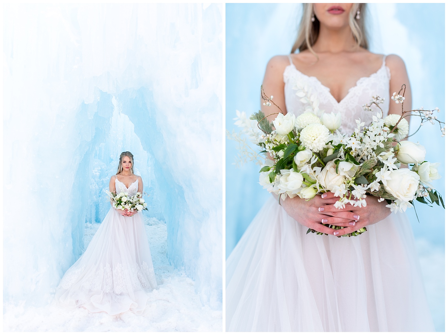 a bride shows off her bouquet on her wedding day