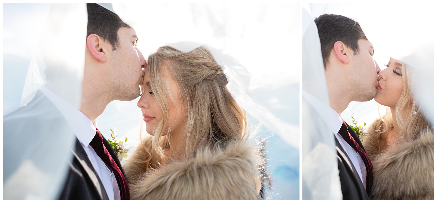 A couple kissing underneath a bridal veil