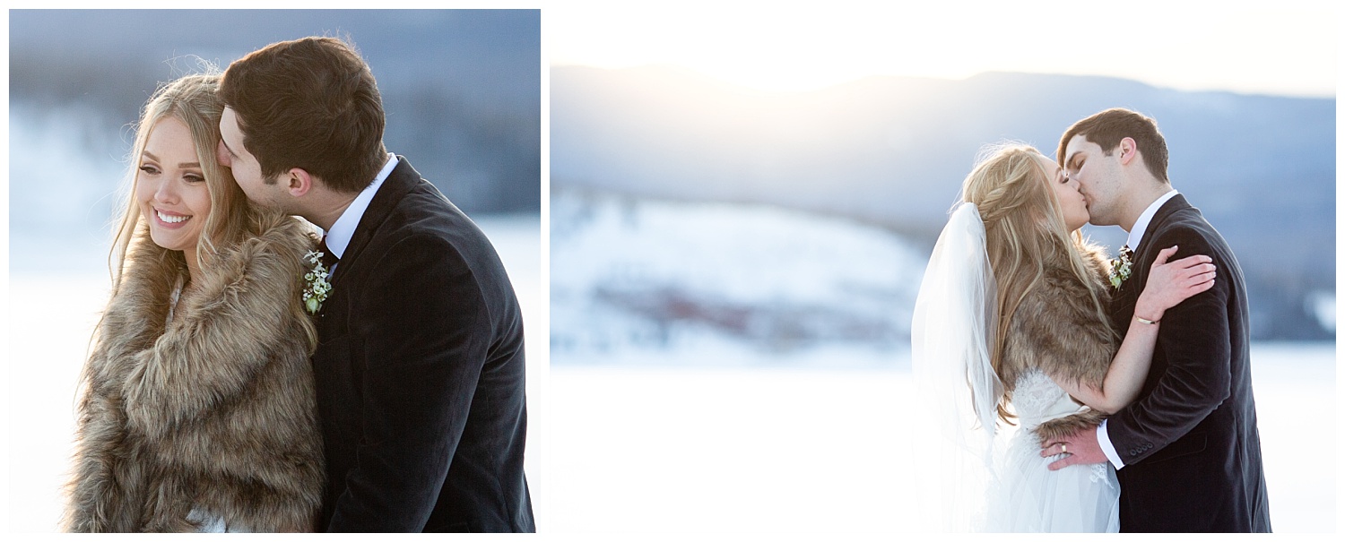 A couple kissing in a wintry, Colorado setting