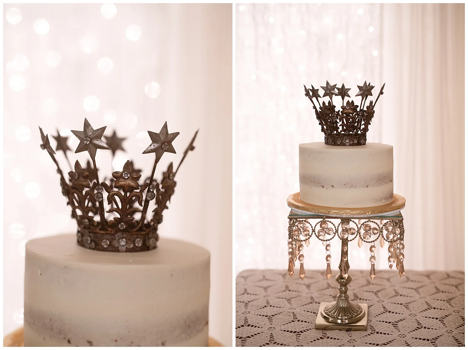 A white semi-naked cake with a crown decoration on top of it
