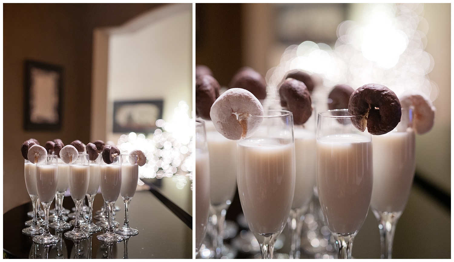 Donuts are rimmed on champagne glasses filled with milk for a cookies and donuts toast