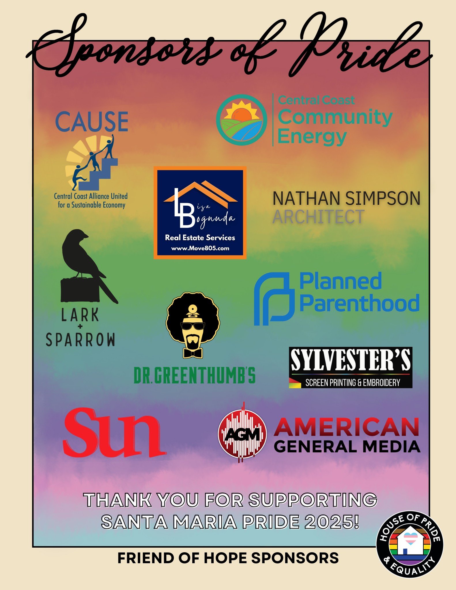 Huge shoutout to our Friends of HOPE level  sponsors!
Each of you plays a special part in keeping Santa Maria Pride going. Your support means the world, and we couldn&rsquo;t do it without you!