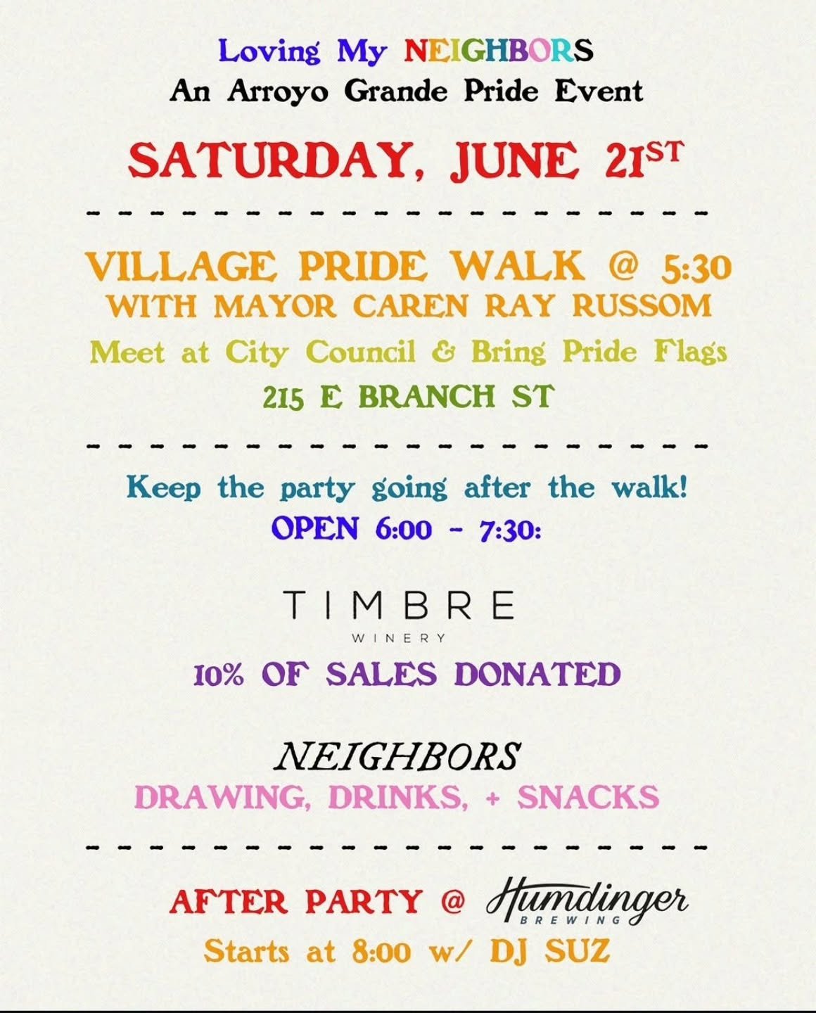 Our friends at @neighborsgeneralstore are hosting Loving My Neighbors, an evening of Pride events in Arroyo Grande, THIS Saturday, June 21! We hope you can come celebrate Pride with us in the Village!

And thank you to @timbrewinery for generously do