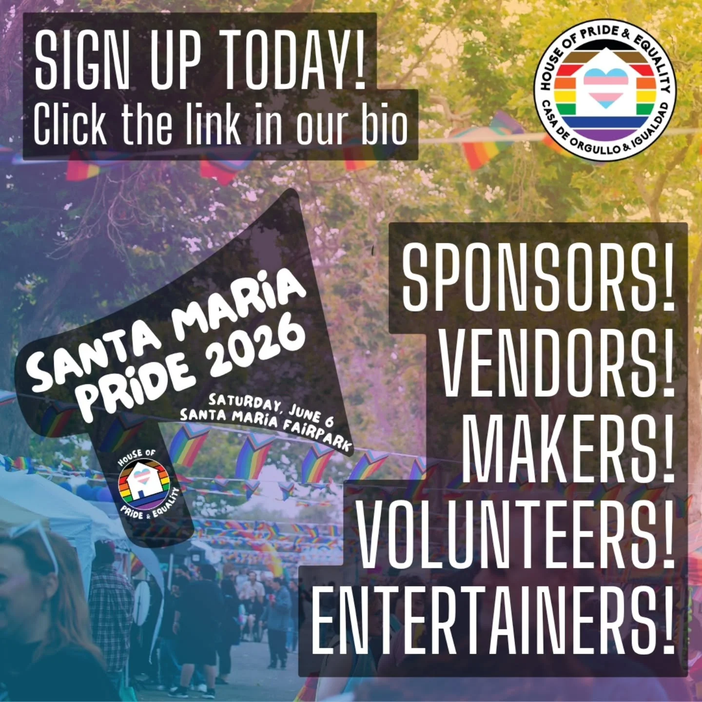 Now accepting registrations for 2026 Santa Maria Pride sponsors, vendors, volunteers, and entertainers! Our community is what makes Pride so special, and we're grateful to each of you who gets involved. Click the link in our bio to sign up!

&iexcl;Y