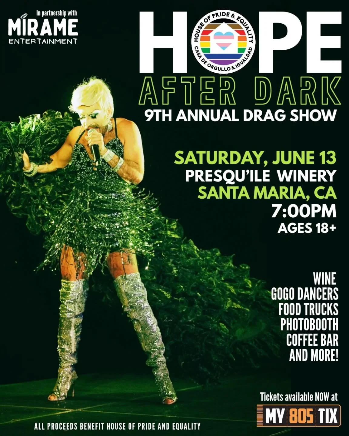 Announcing this year's HOPE After Dark Drag Show! This is the 9th annual drag show fundraiser for House of Pride and Equality, and the longest running drag show on the Central Coast!

Join us for an unforgettable night of amazing drag talent on Satur