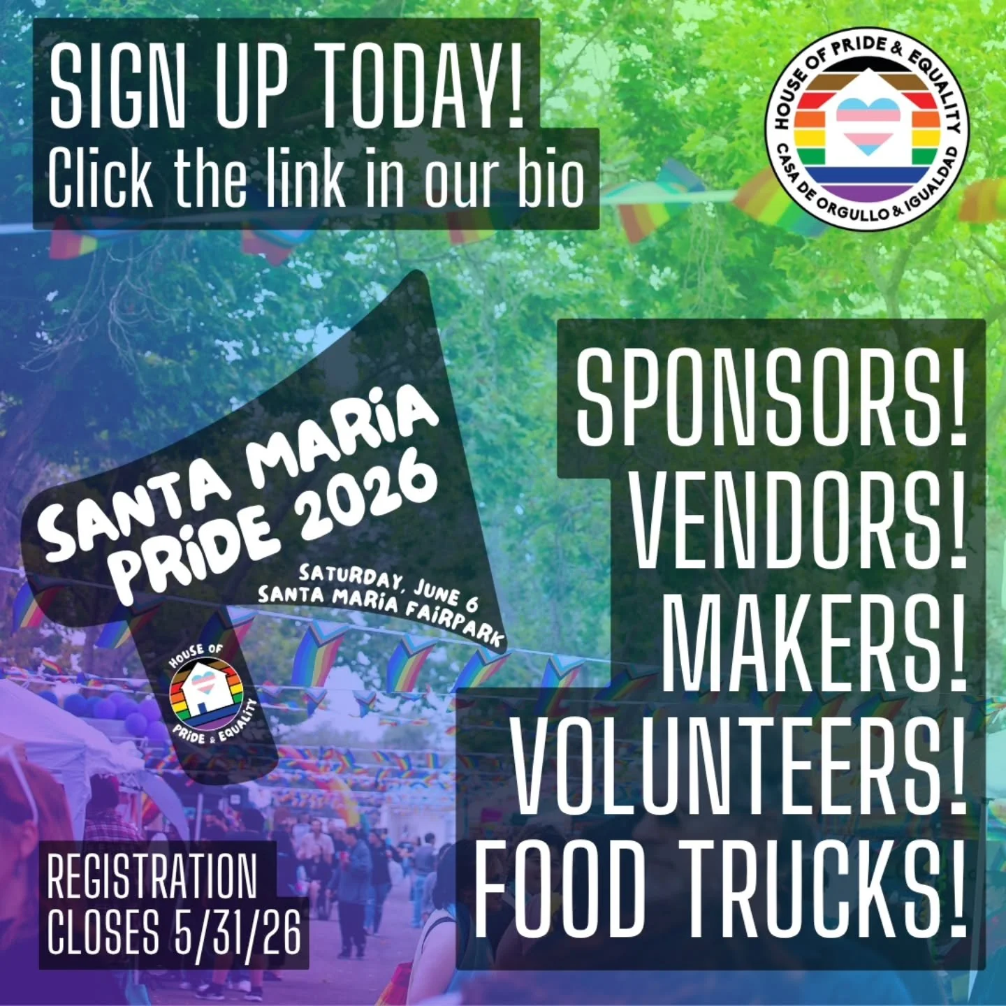 Last call for Santa Maria Pride 2026 vendors, food trucks, volunteers, and sponsors! Register by May 31 to be a part of this year's Pride festival. Click the link in our bio to register!

Tag some of your favorite vendors or businesses in the comment