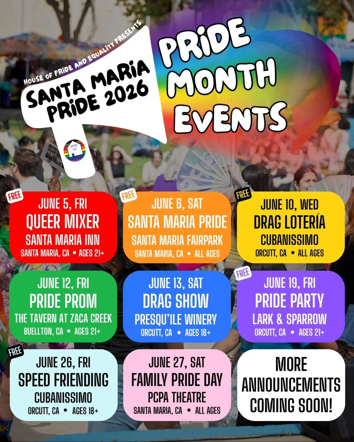 Its almost Pride month! House of Pride and Equality is excited to present Pride events throughout the whole month of June, with more dates to be announced soon! 

We're so grateful for the local business and orgs who have partnered with us create que
