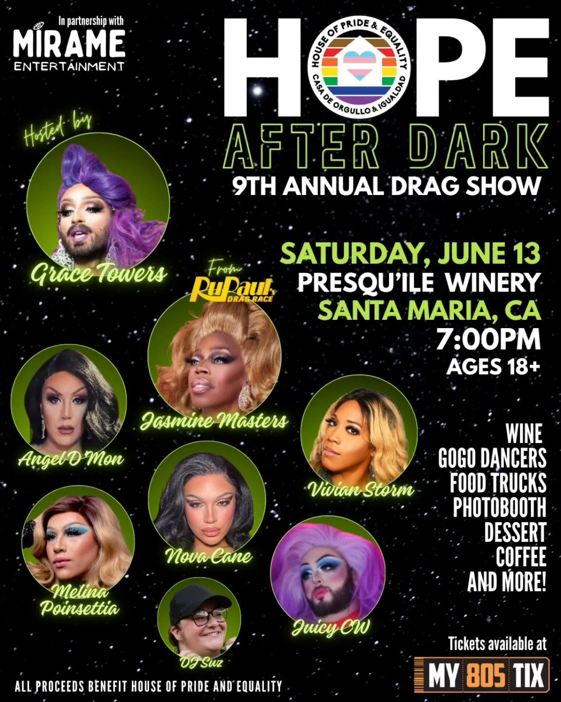 Now announcing our full cast for the HOPE After Dark Drag Show, with special guest appearance by
Jasmine Masters from RuPaul's Drag Race and RPDR All Stars! Hosted by the iconic Grace Towers in both English and Spanish, this show also features perfor