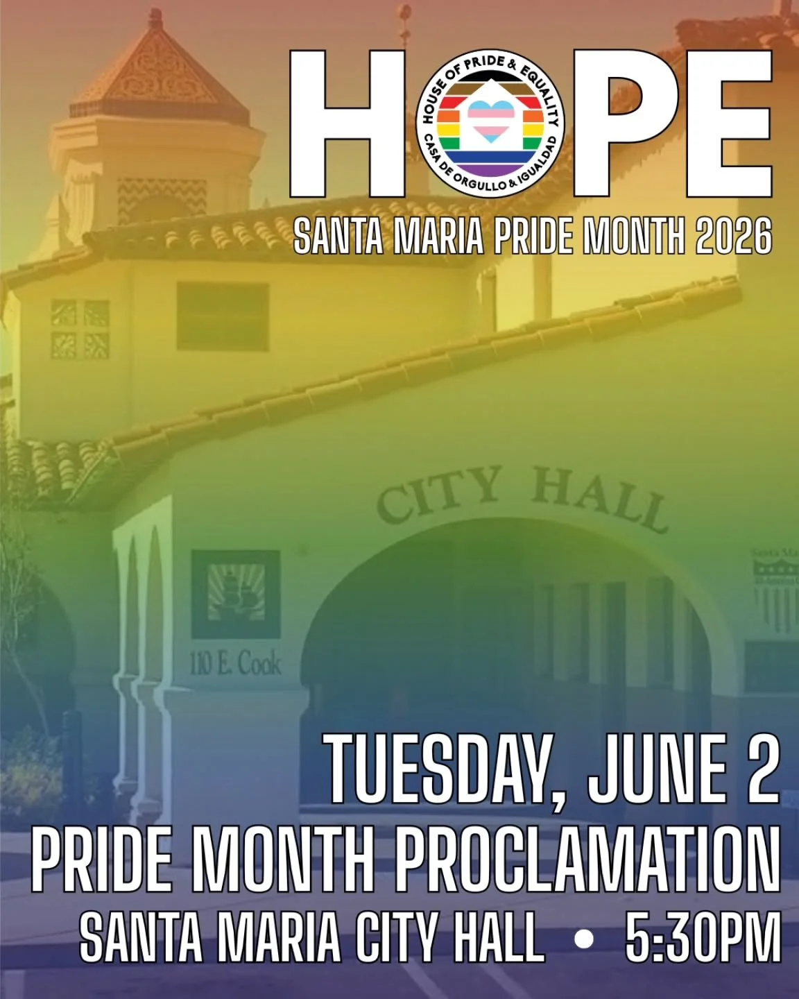 Santa Maria Pride Month begins now! Join us at City Hall tomorrow, Tuesday, June 2nd, at 5:30pm as the City Council officially proclaims June as Pride Month in the City of Santa Maria. You're all invited! Wear your Pride colors and show your support 