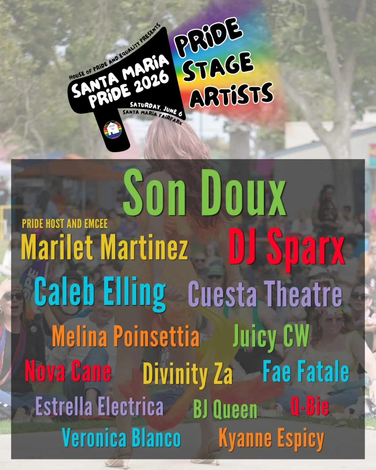 Santa Maria Pride is bringing a full day of FREE entertainment to the Santa Maria Fairpark THIS Saturday, June 6, from 11am-5pm! 

Enjoy live music, theater, DJs, drag performances, and more, hosted by Marilet Martinez in both English and Spanish. It