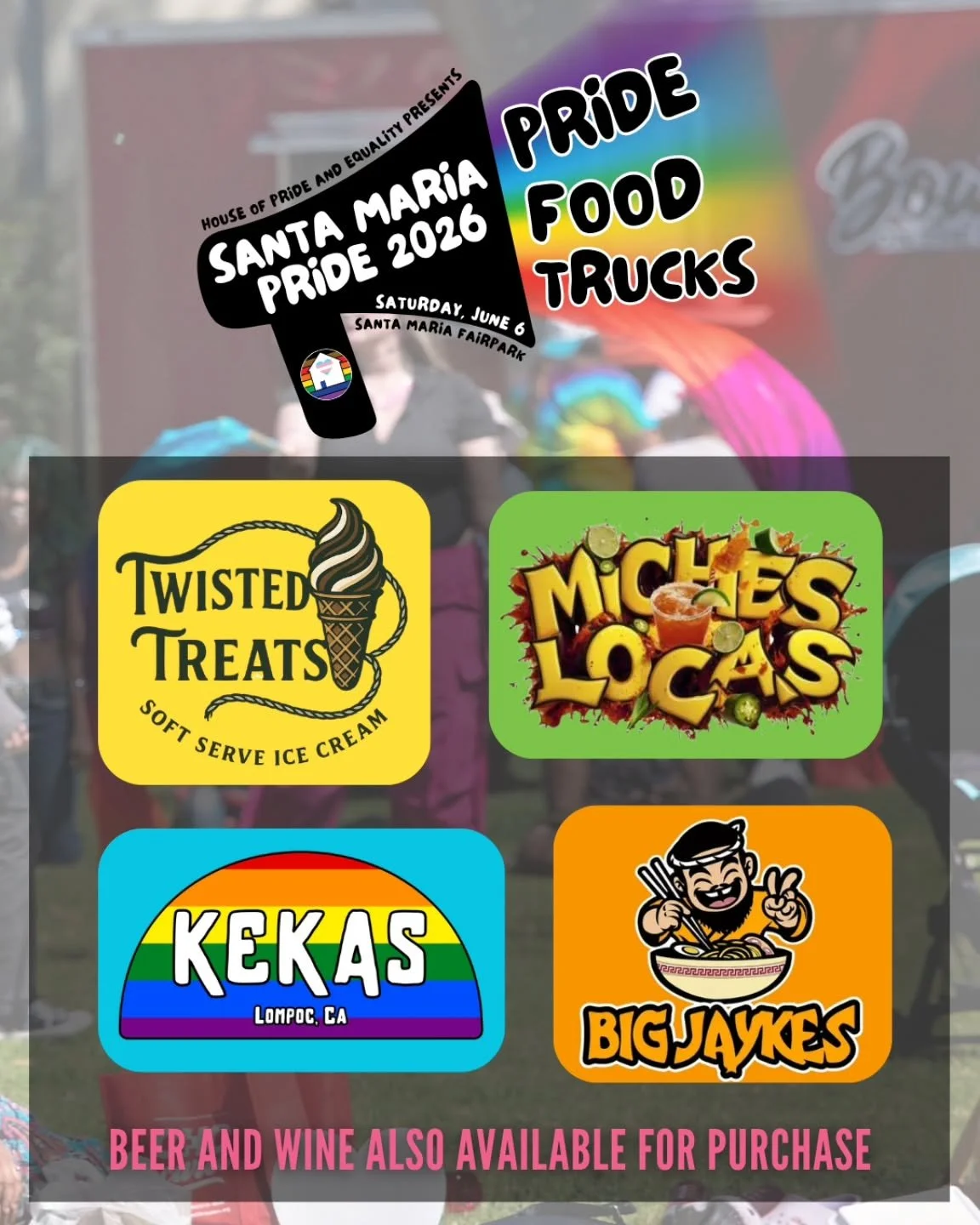 Announcing our featured food and beverage vendors at this year&rsquo;s Santa Maria Pride! Enjoy tasty treats and delicious drinks from some of the Central Coast's favorite food trucks!

@lompockekas
@bigjaykes
@805micheslocas
@twisted_treats_soft_ser