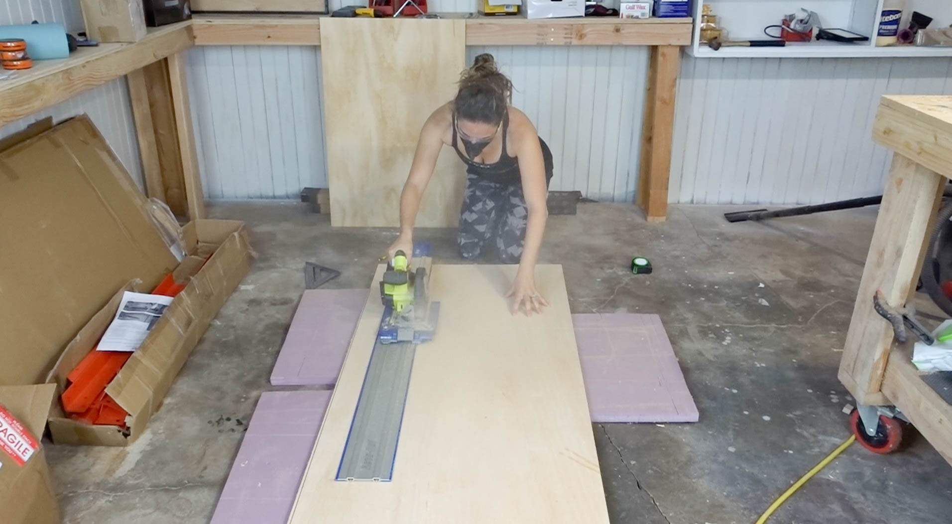 Breaking down plywood for a rolling scrap wood storage cart build.