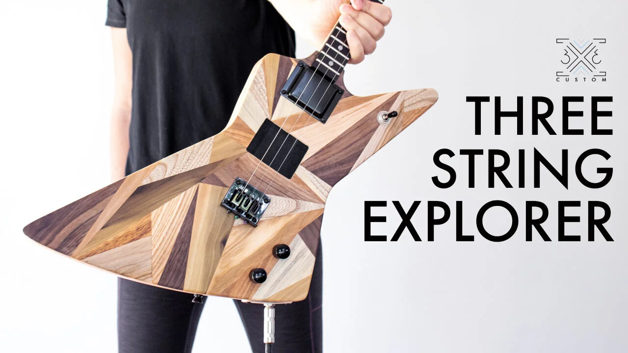 Three String Explorer Guitar with Patchwork Veneer — 3x3 Custom
