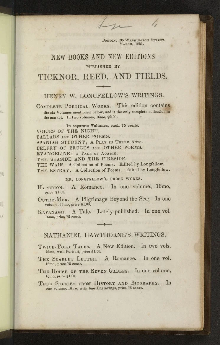 Advertisement in First edition owned by the family of Emily Dickinson in the Emily Dickinson collection at Harvard Houghton Library.