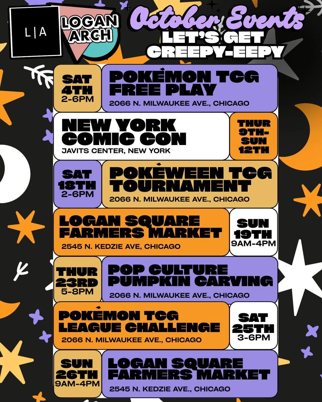 October is (almost) here, so have our event calendar! 👻 

💥 10/04: Pok&eacute;mon TCG Tournament (Free to all players + prizes will be awarded)

✨ 10/09-10/12: NYCC at booth 1159 w/@thecolorfulgeek 

🦇 10/18: Pok&eacute;mon TCG Tournament (Free; H