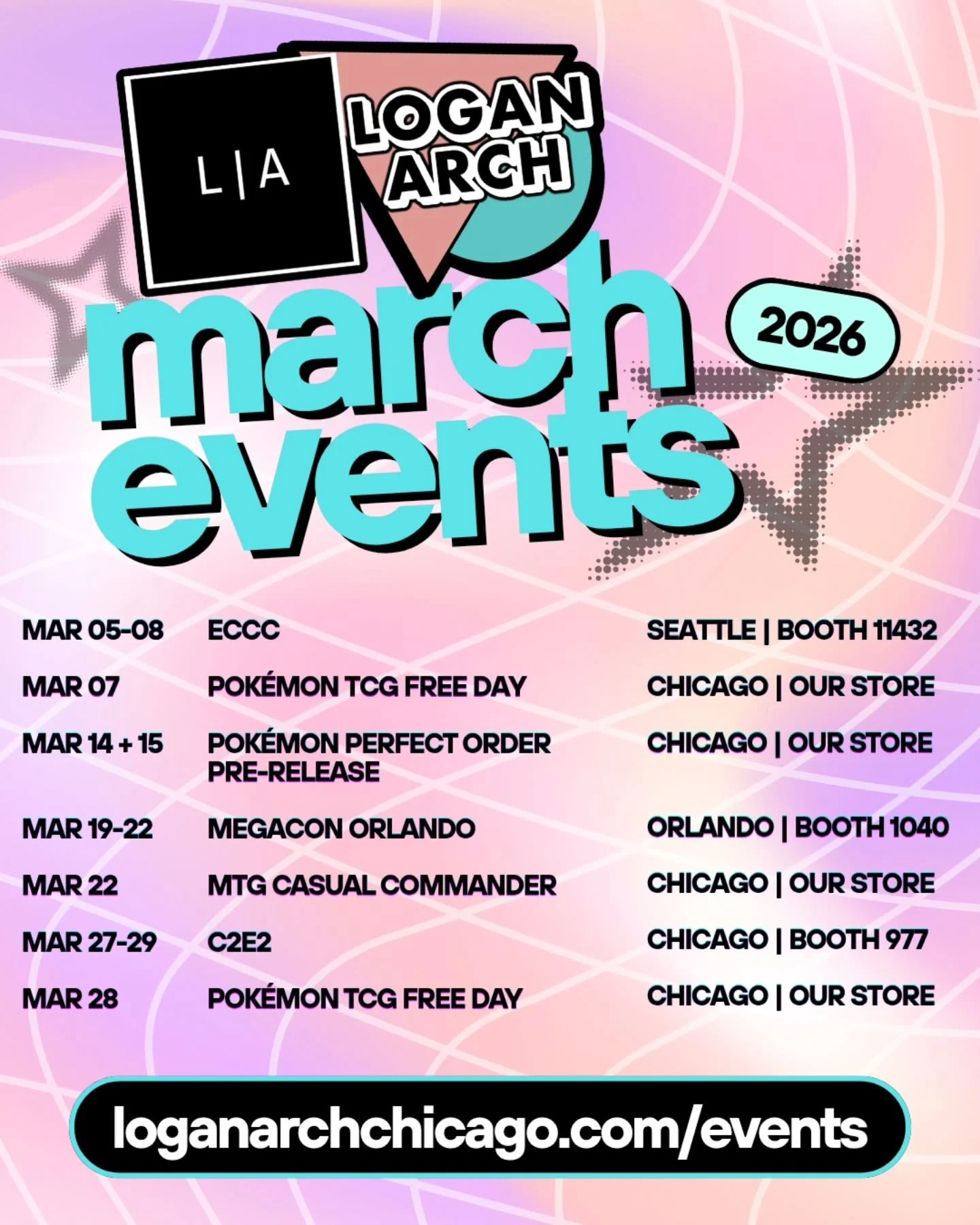 But how is it March already?! 🤯

This month is PACKED! Find us at cons *and* the store during most weekends:

&bull; 03/05-03/08 ☆ ECCC
&bull; 03/07 ☆ Pok&eacute;mon TCG Free Play 
&bull; 03/14 + 03/15 ☆ Pok&eacute;mon Perfect Order Pre-Release
&bul
