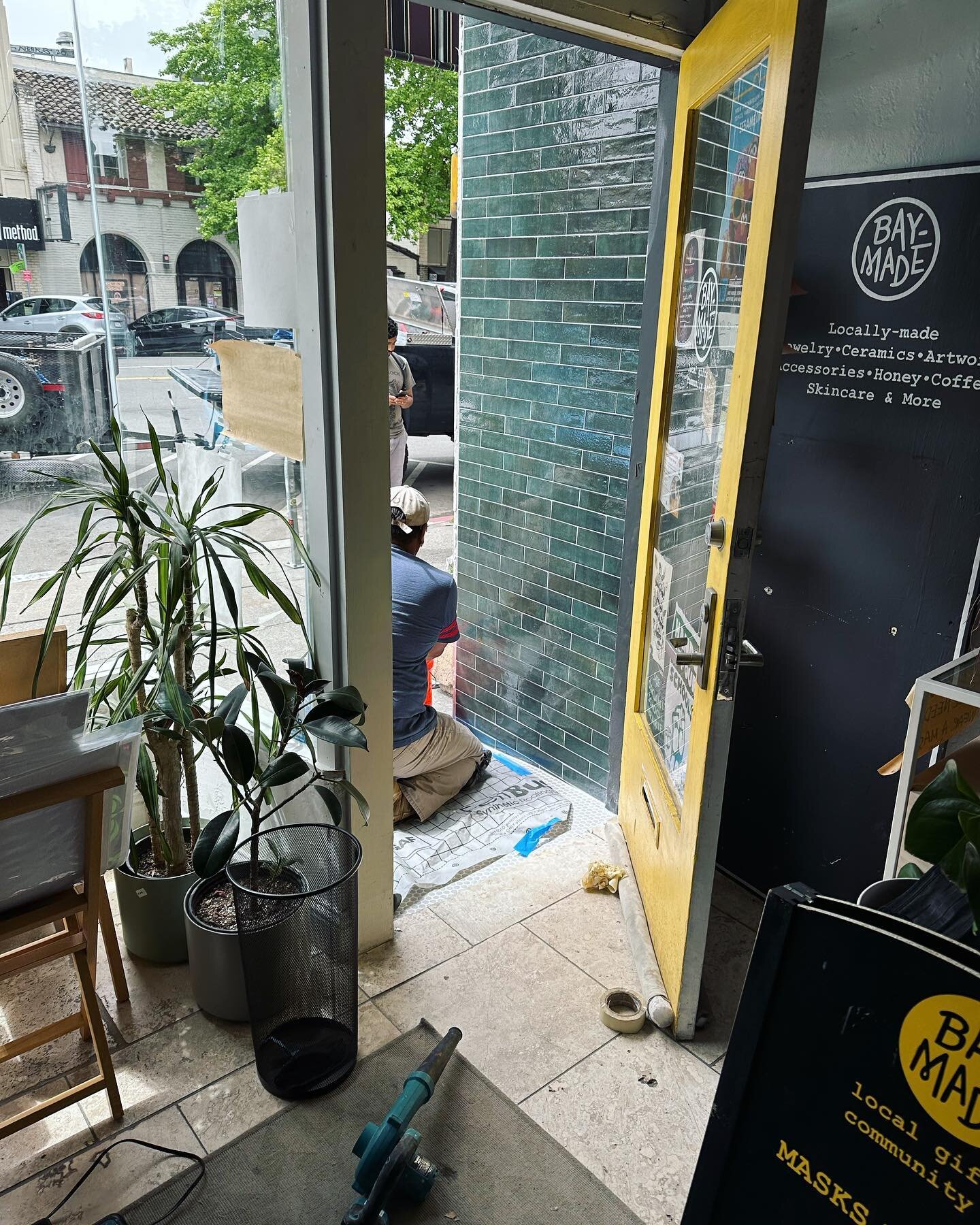 Tile is coming along! So excited to have the outside of our store reflect how cute it is inside! Very appreciative of my wonderful landlords that are also dear friends for helping make this a reality. Now if someone poops in the doorway or smears can