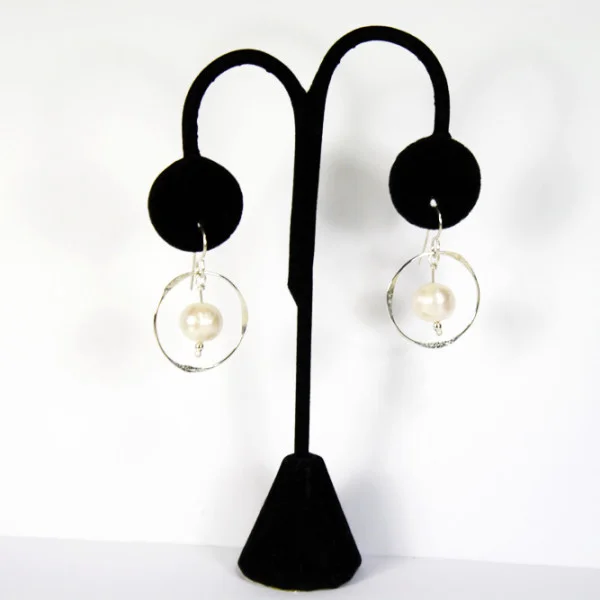 Sterling Silver Earrings Circle with Larger White Pearl