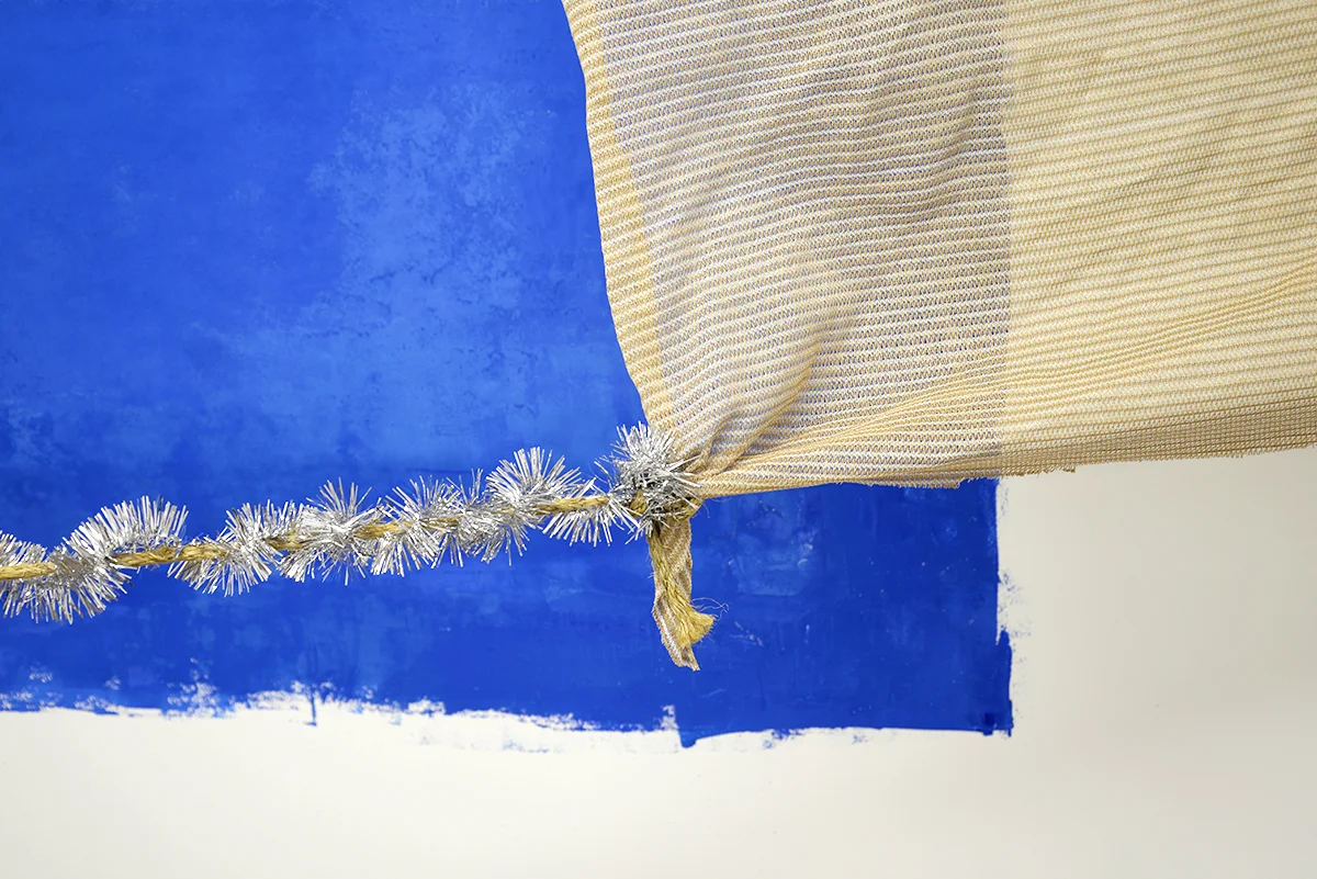 Chloe Waters Wet Season (Broome) (detail) 2017 Block ink, shade cloth, rope, tinsel dimensions variable