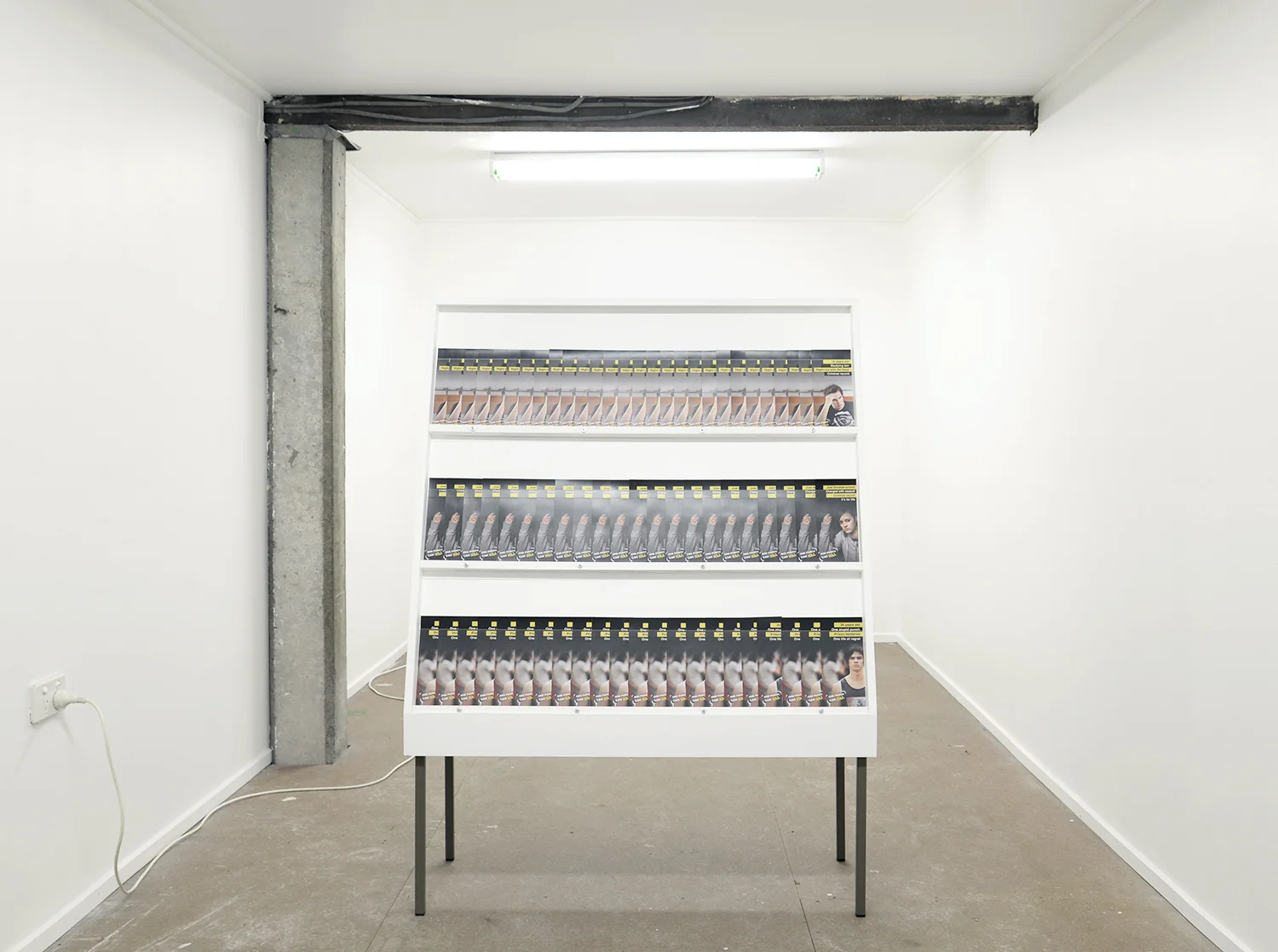 Local Solutions for General Anxieties 2018 acrylic, MDF, appropriated One Punch can Kill catalogues, steel frame, screws, nuts, bolts approx 1500mm x 900mm x 400mm