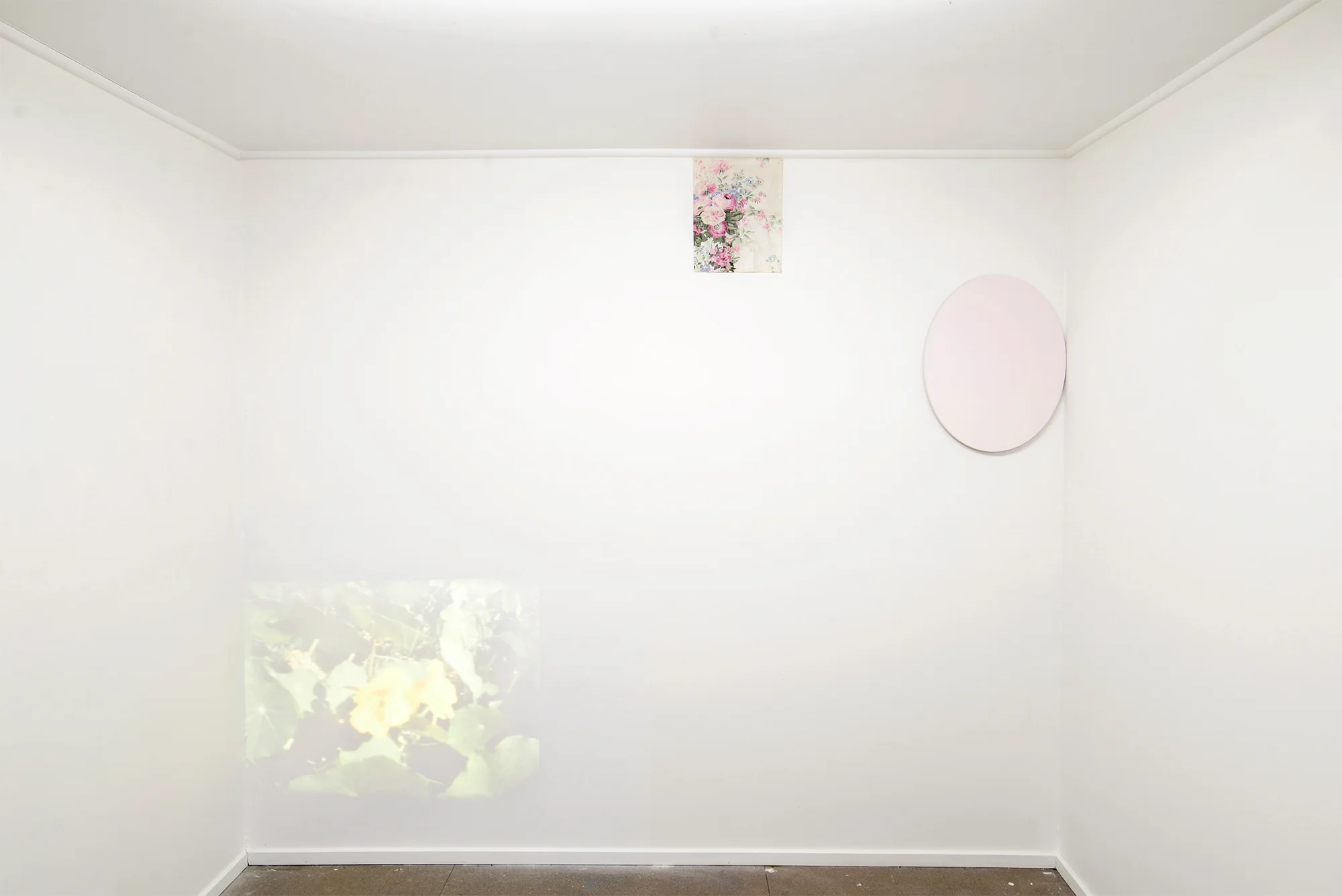 Left: Making Arrangements c.2000/2018 single channel video projection: Super 8 film transferred to MP4, 2:22, silent; Centre: Remnant date unknown, pre- 1990 cloth, map pins; Right: Elusive 2018 acrylic on canvas