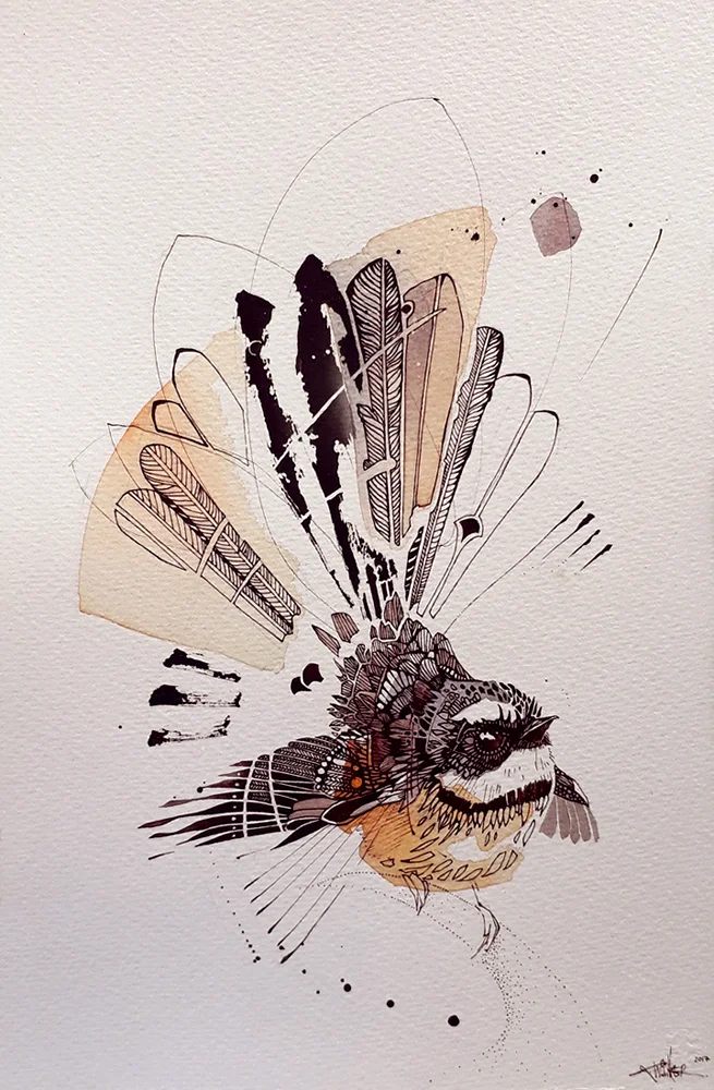Pīwakawaka Fantail New Zealand native bird watercolour art prints by Rachel Walker Wellington