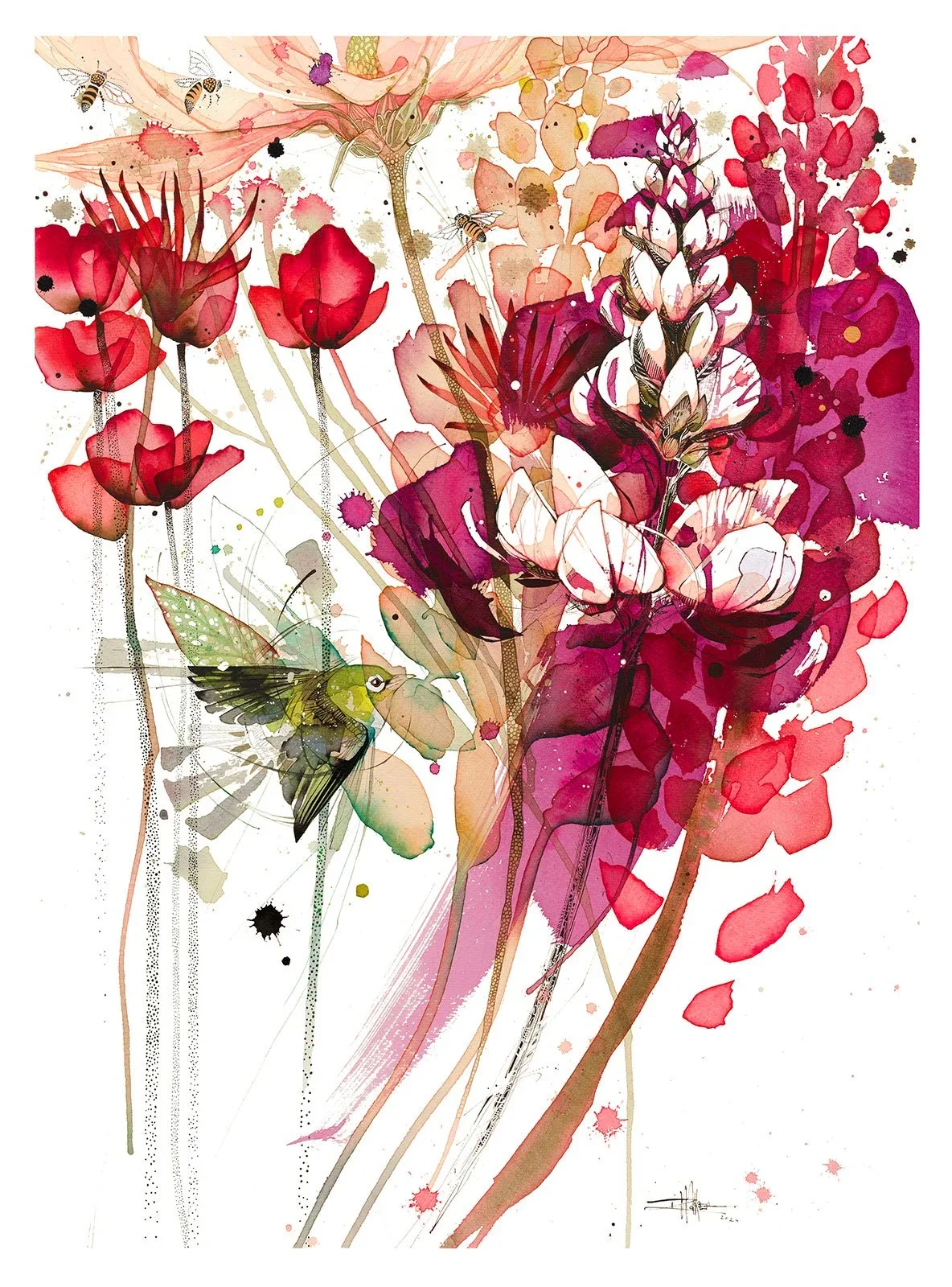Magenta and red wildflowers featuring Silvereye watercolour painting — New Zealand botanical art by Rachel Walker Wellington